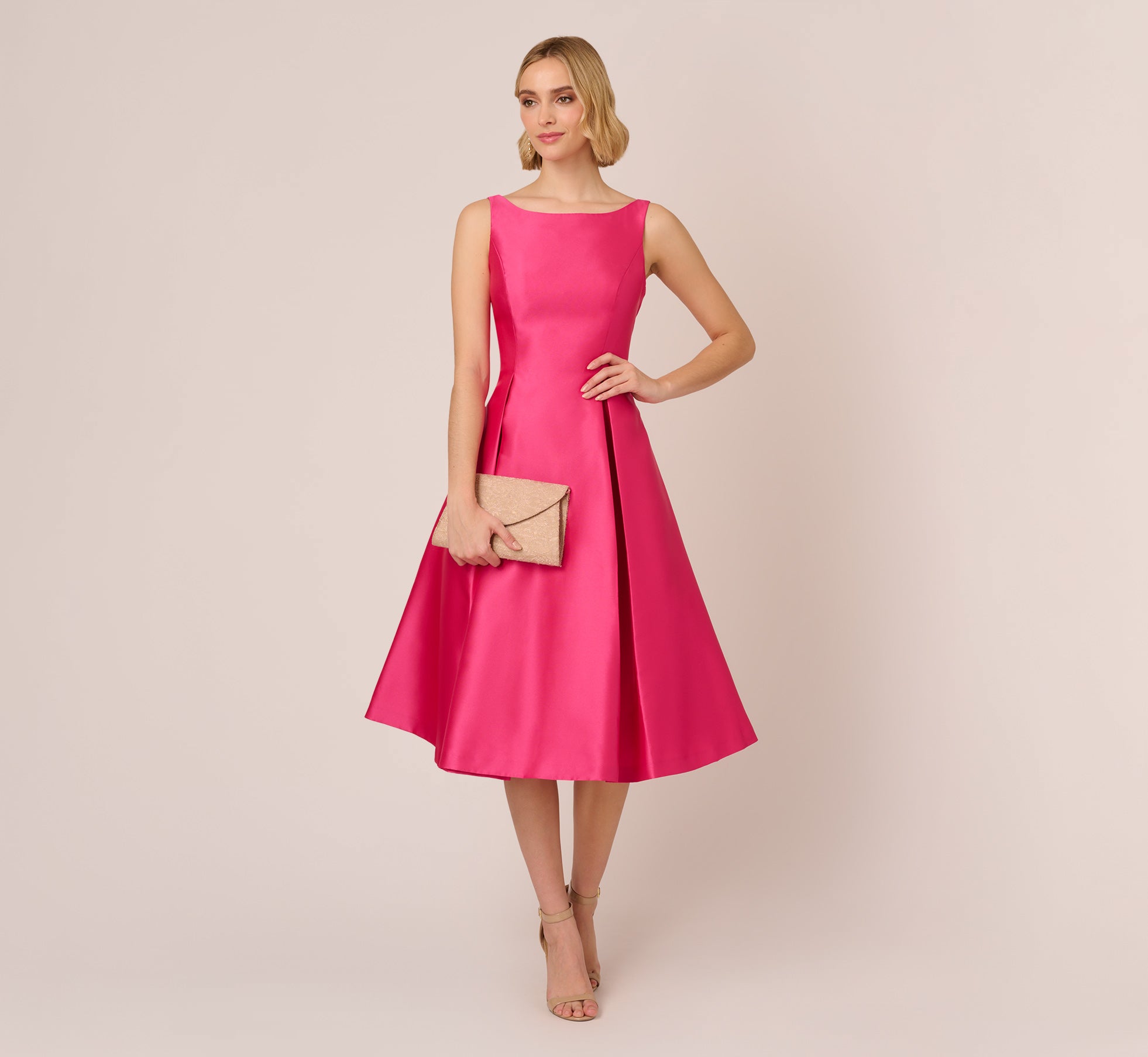 Sleeveless Mikado Fit And Flare Midi Dress With V-Back In Electric Pink-Electric Pink / Regular / 0 Sleeveless Mikado Fit And Flare Midi Dress With V-Back In Electric Pink-Electric Pink / Regular / 0