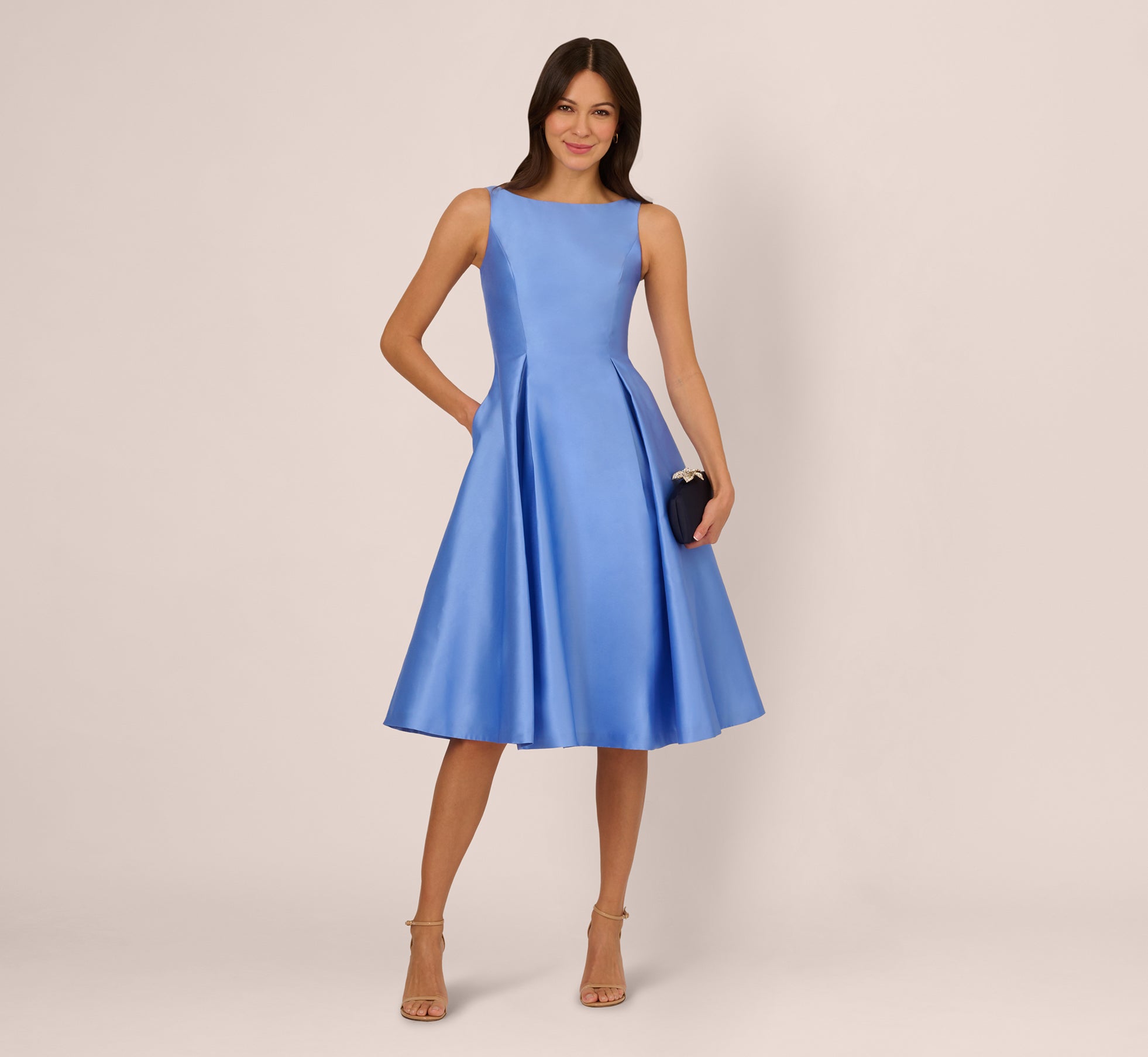 Blue Sleeveless Mikado Fit And Flare Midi Dress With V-Back - Adrianna Papell Blue Sleeveless Mikado Fit And Flare Midi Dress With V-Back - Adrianna Papell