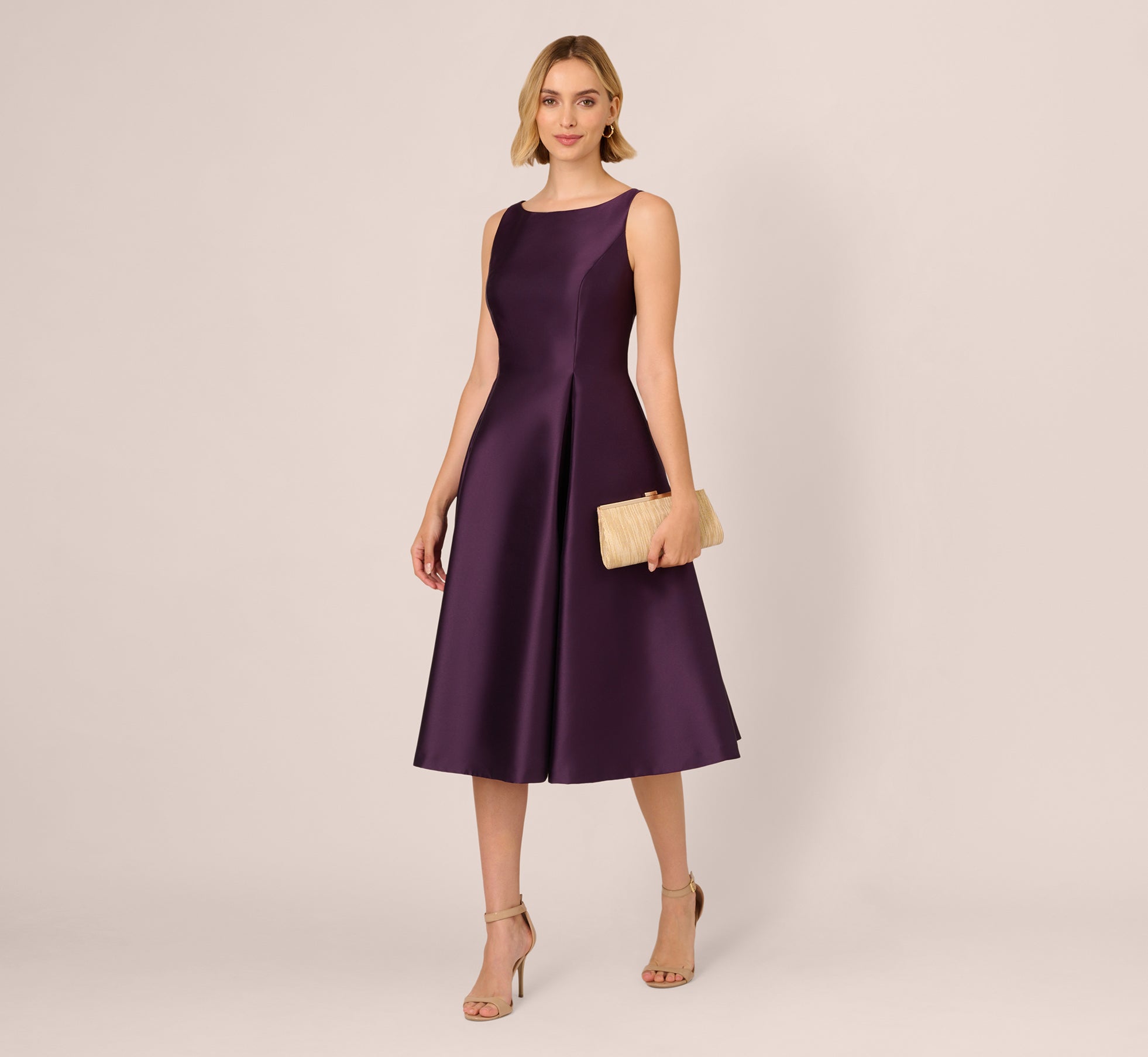 Sleeveless Mikado Fit And Flare Midi Dress With V-Back In Luxe Plum - Adrianna Papell Sleeveless Mikado Fit And Flare Midi Dress With V-Back In Luxe Plum - Adrianna Papell