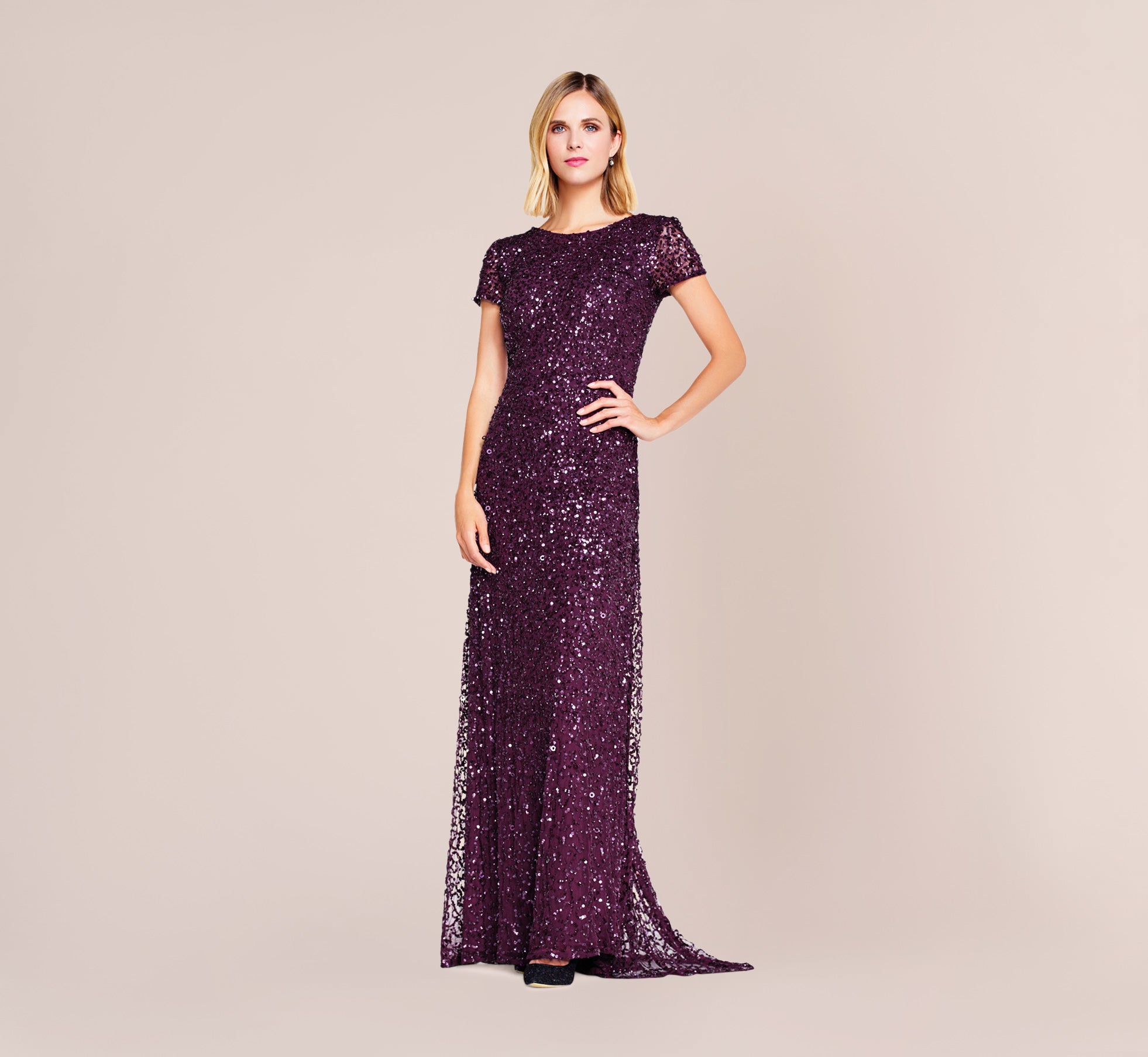 Adrianna Papell Scoop Back Sequin Gown - Cabernet Adrianna Papell Scoop Back Sequin Gown - Cabernet