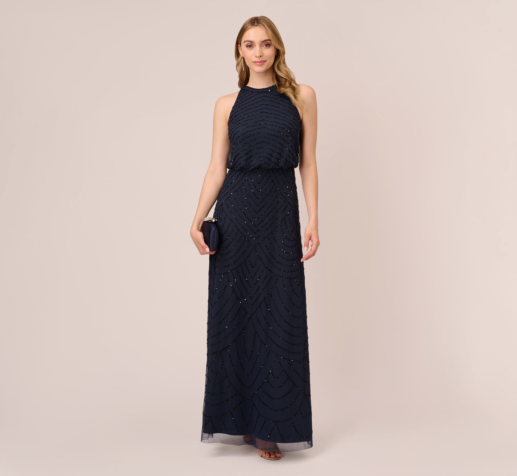 Adrianna Papell Art Deco Beaded Blouson Dress With Halter Neckline - Navy/black Adrianna Papell Art Deco Beaded Blouson Dress With Halter Neckline - Navy/black
