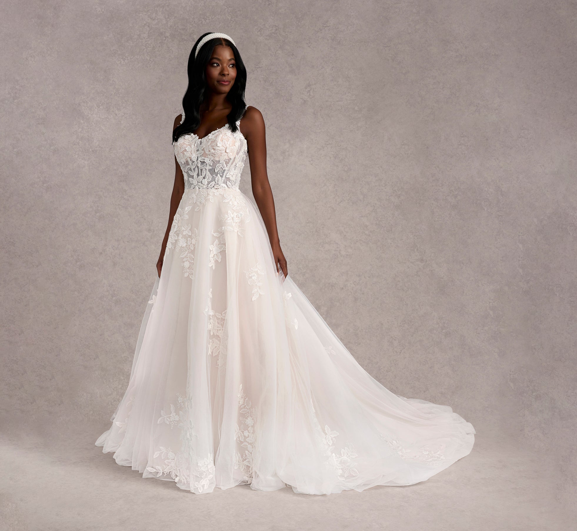 Hand Beaded 3D Floral Lace And Tulle A-Line Gown In Ivory Almond Nude - Adrianna Papell Hand Beaded 3D Floral Lace And Tulle A-Line Gown In Ivory Almond Nude - Adrianna Papell