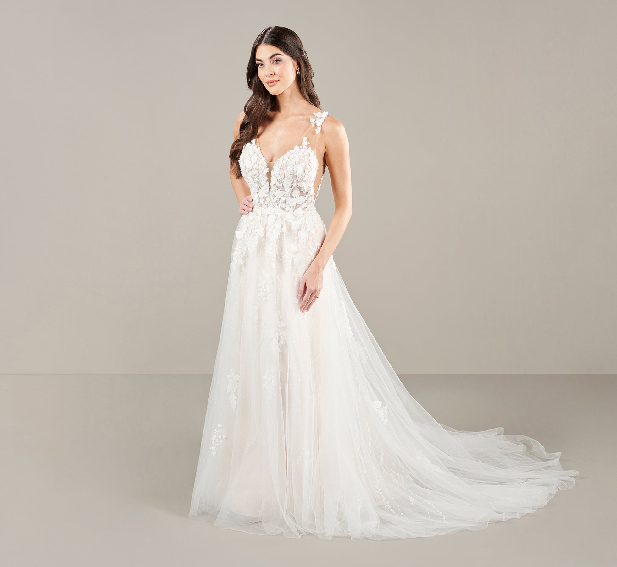 White Ethereal A Line Lace Gown - Adrianna Papell White Ethereal A Line Lace Gown - Adrianna Papell