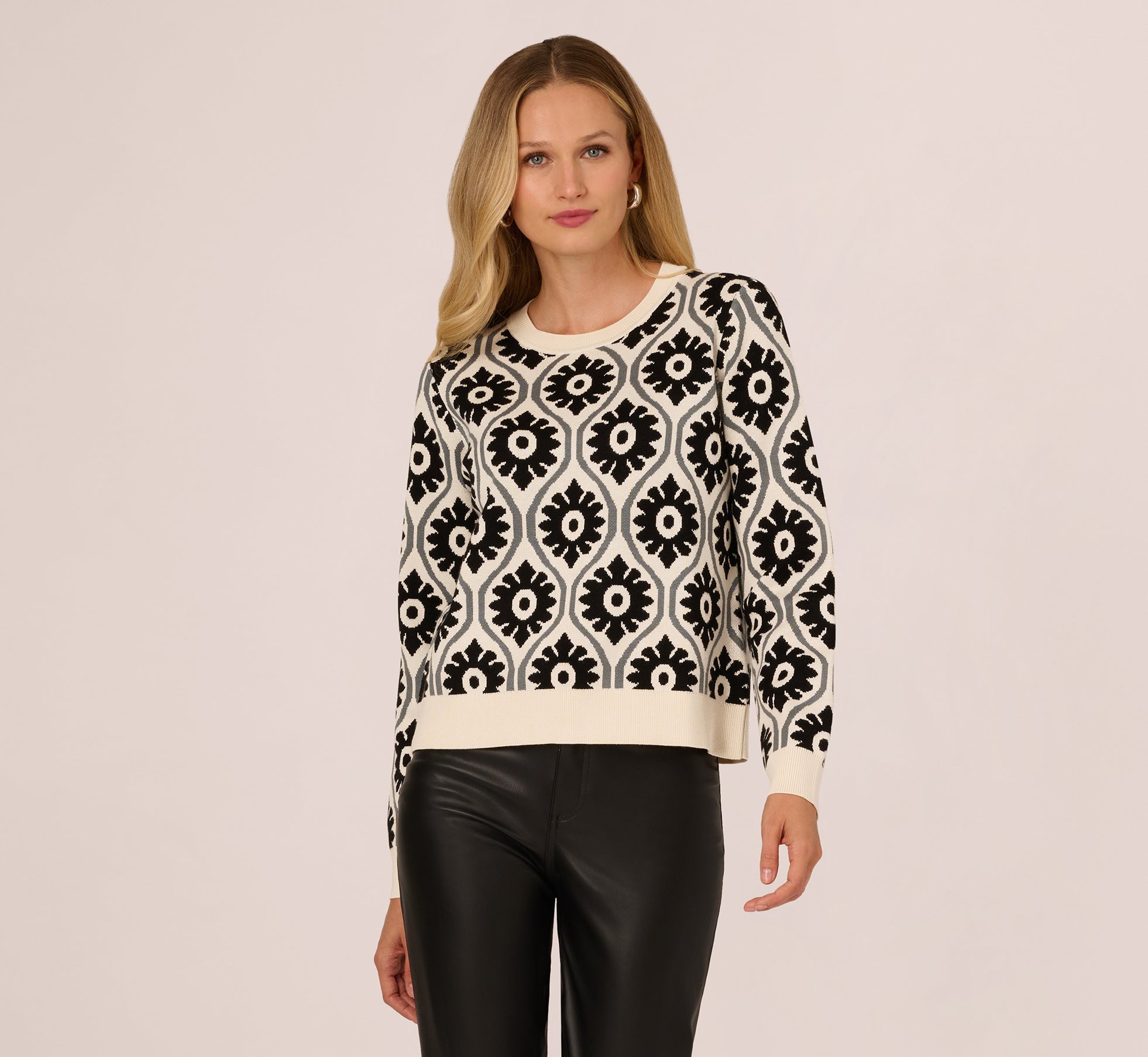 Floral Print Crew Neck Pullover Sweater In Cream Sea Green Black