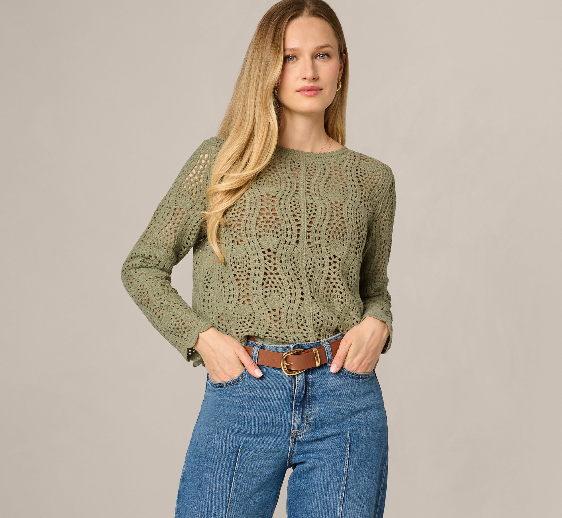 Sage Moss Long Sleeve Open Crochet Sweater - Adrianna Papell