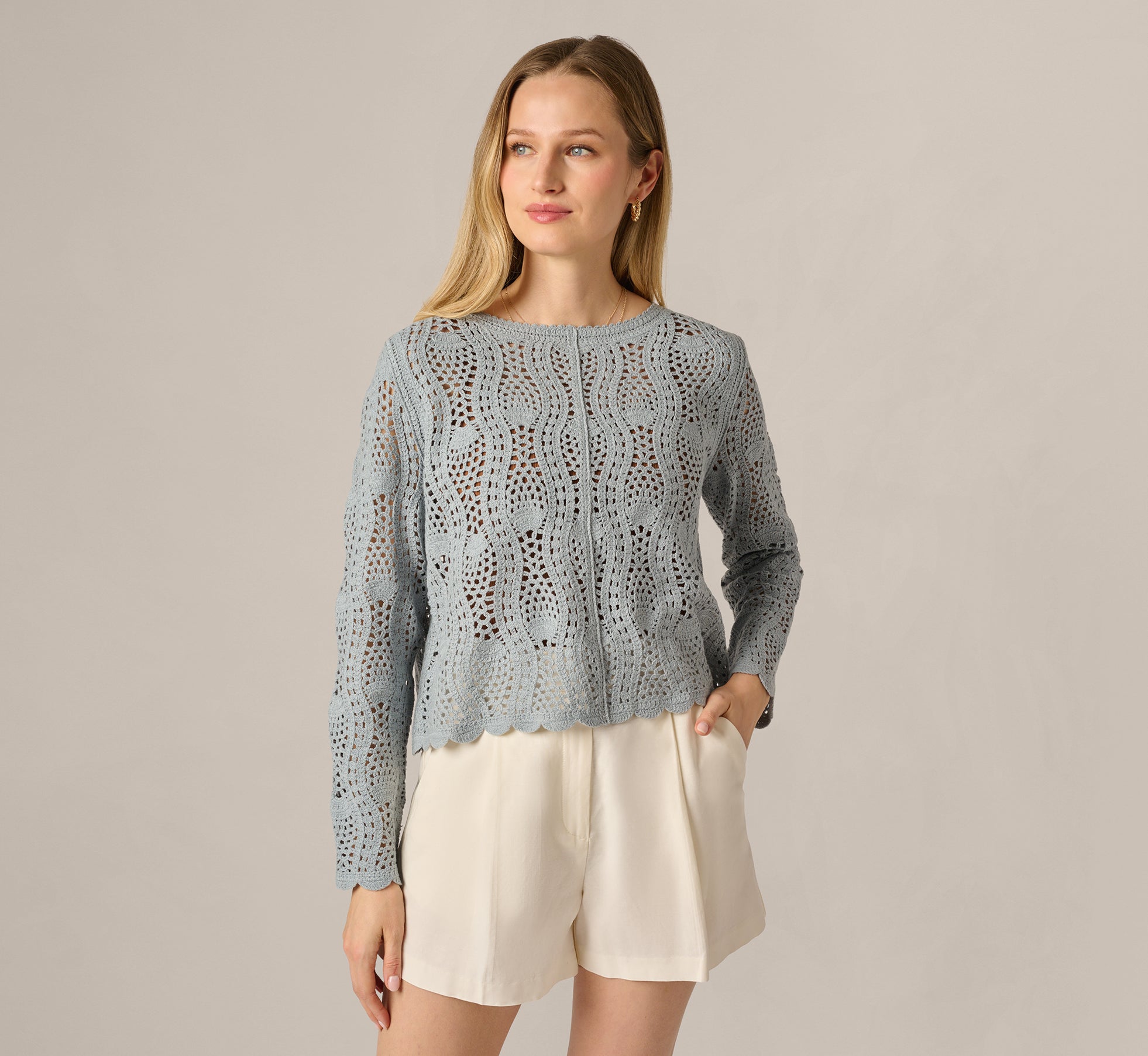 Blue Long Sleeve Open Crochet Sweater - Adrianna Papell
