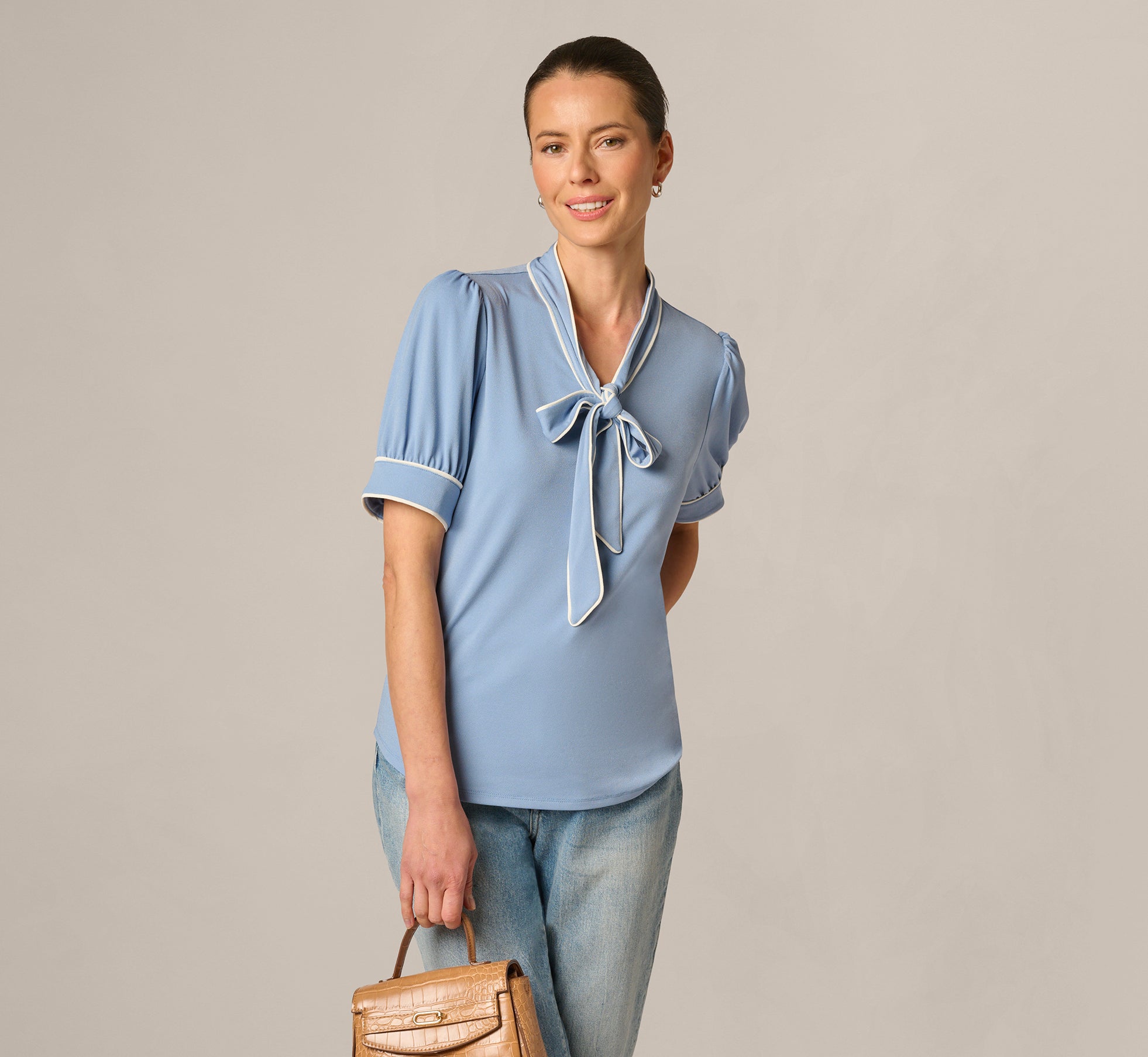 Puff Sleeve Tie Neck Top In Rainwashed Ivory - Adrianna Papell