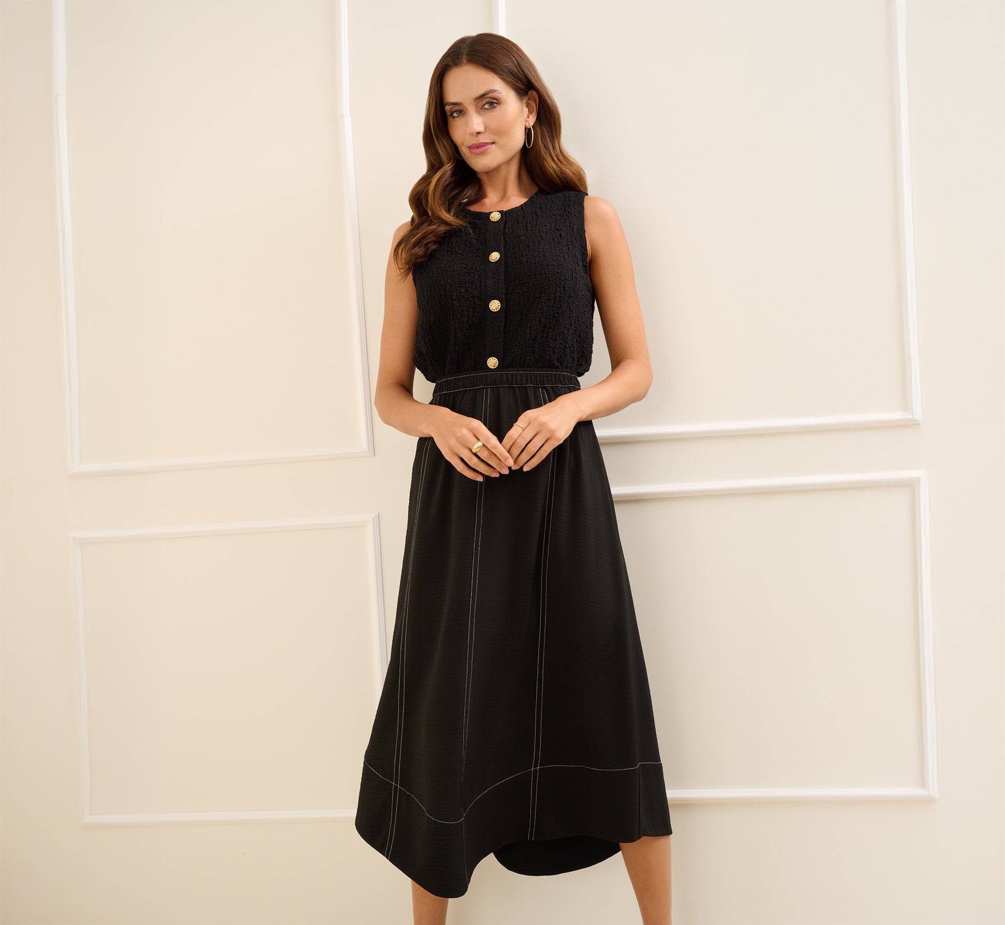 Contrast Stitching A Line Midi Skirt In Black Ivory Contrast Stitching A Line Midi Skirt In Black Ivory