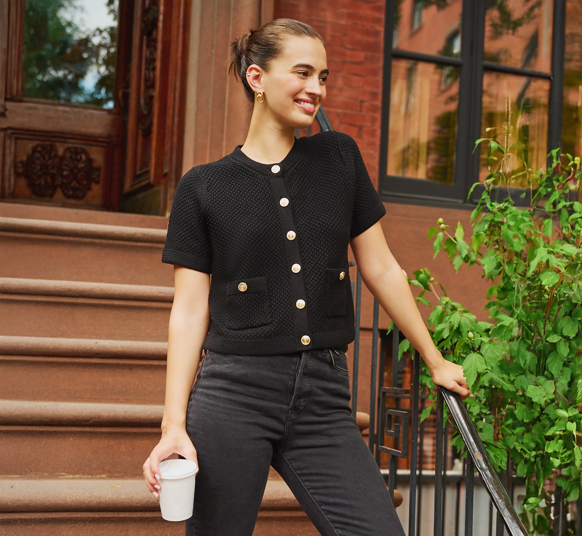 Short Sleeve Textured Cardigan Sweater In Black Adrianna Papell