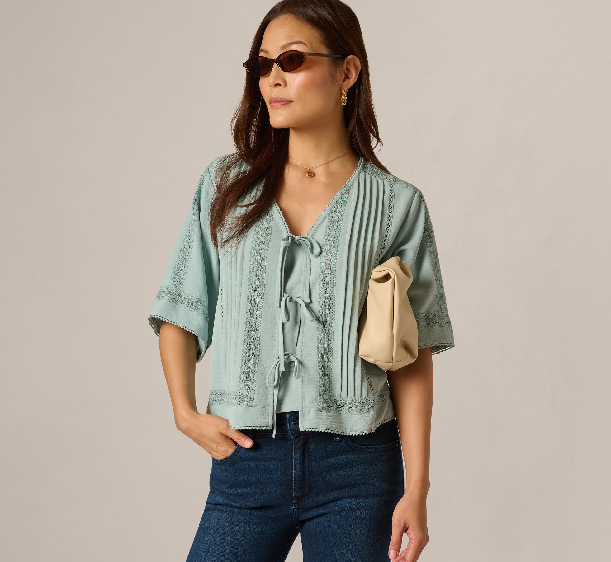 Short Sleeve Pintuck Lace Tie Front Top In Dusty Seamist