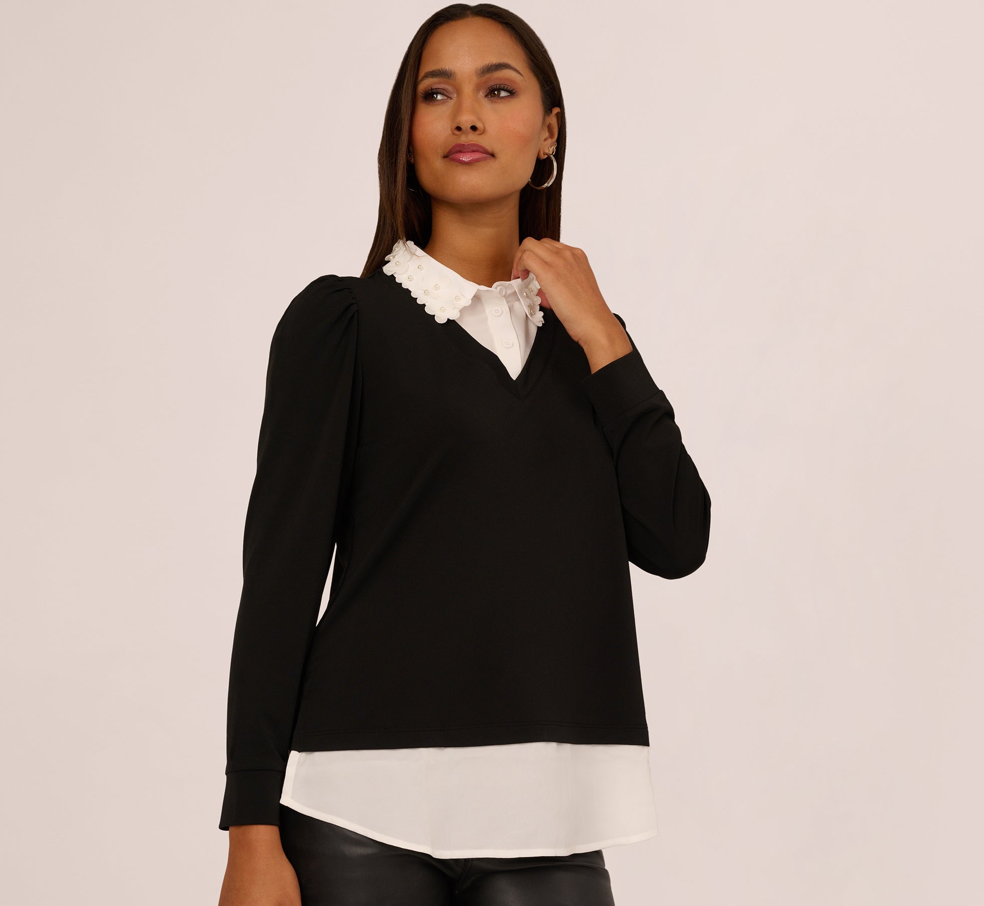 Long Sleeve Petal Collar Twofer Sweater In Black Ivory Adrianna