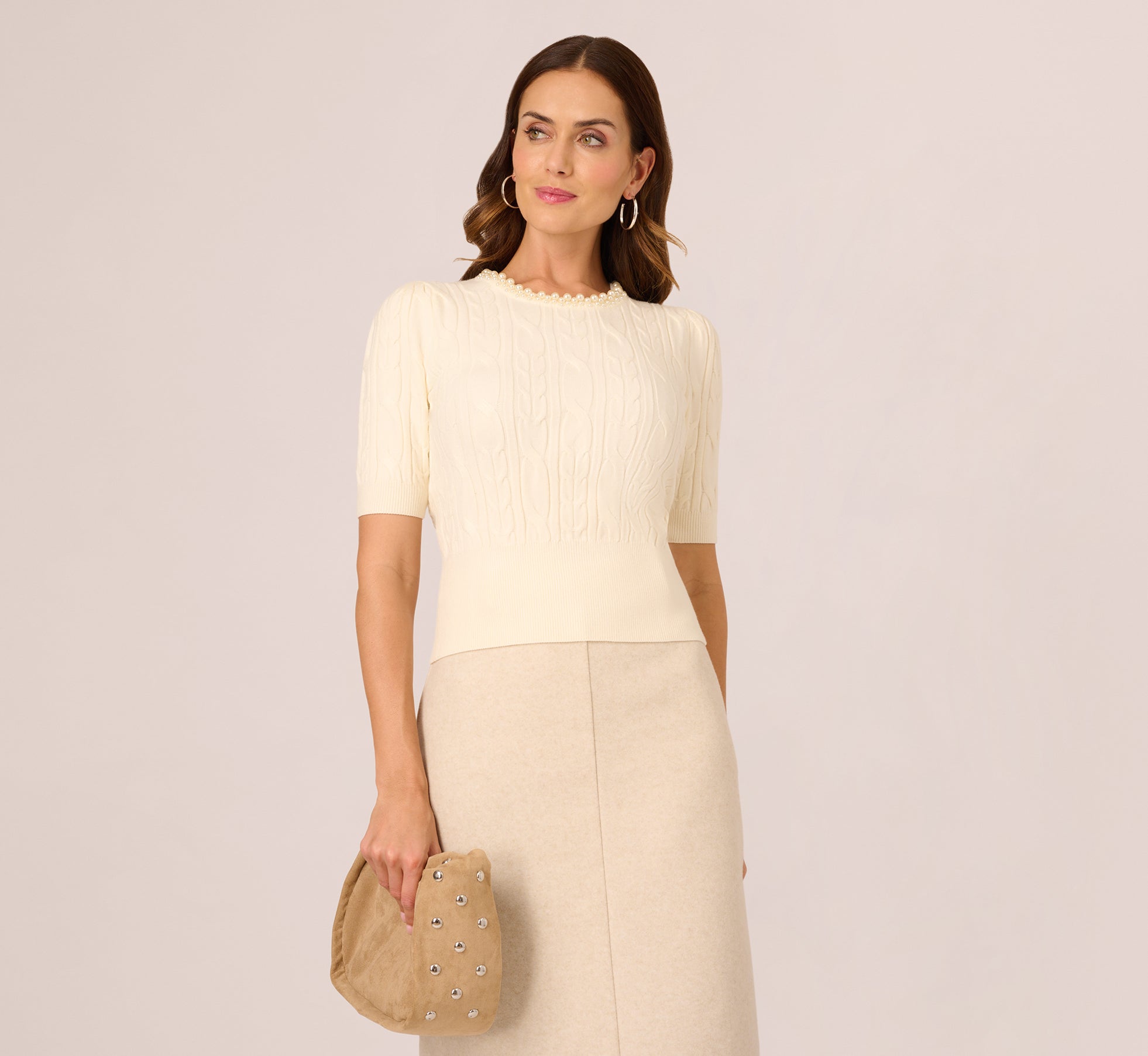 Adrianna Papell Short Sleeve Pearly Collar Women Sweater - Sugar Cream Adrianna Papell Short Sleeve Pearly Collar Women Sweater - Sugar Cream