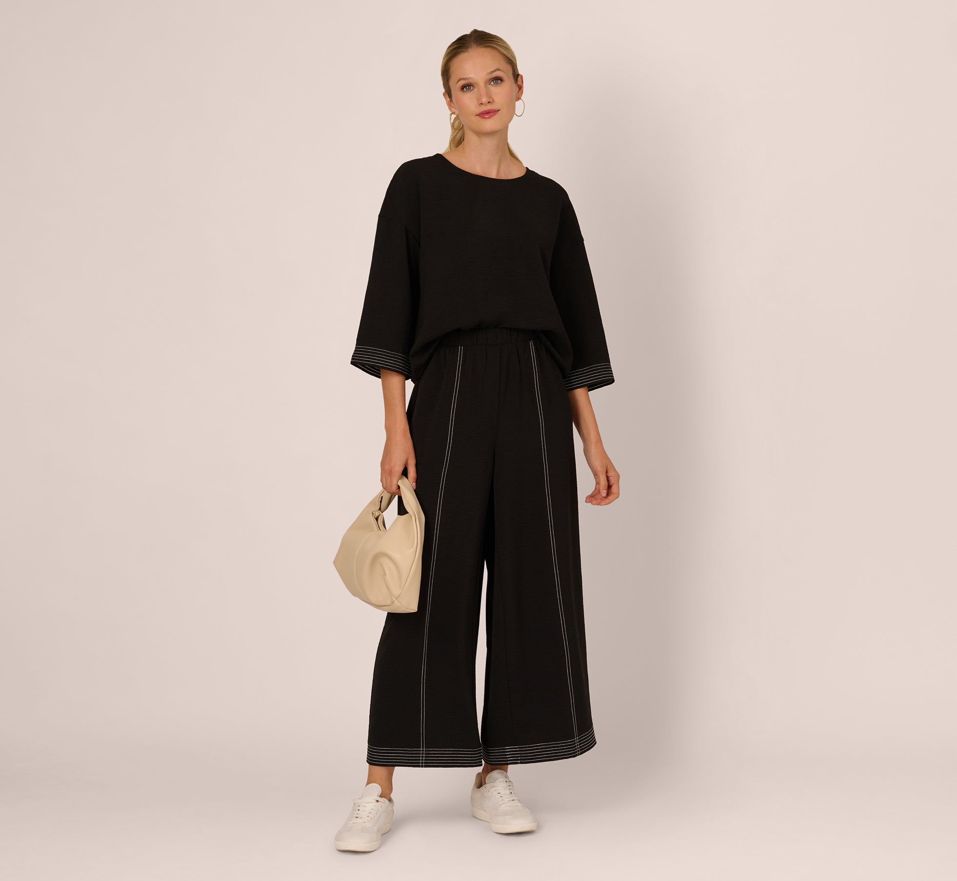 Wide Leg Contrast Stitch Pant In Black Ivory - Adrianna Papell