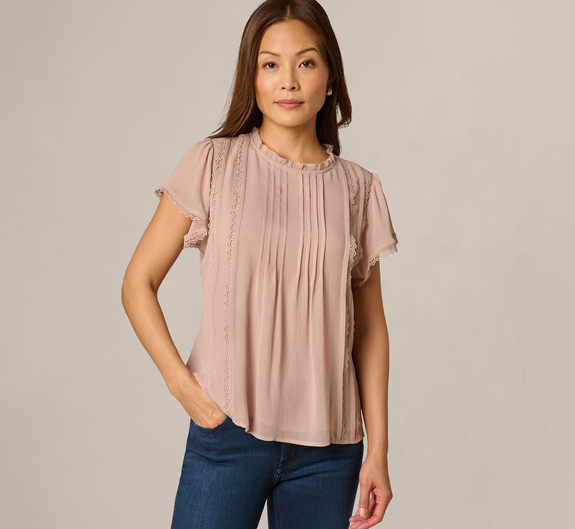 Brown Flutter Sleeve Lace Pintuck Top - Adrianna Papell