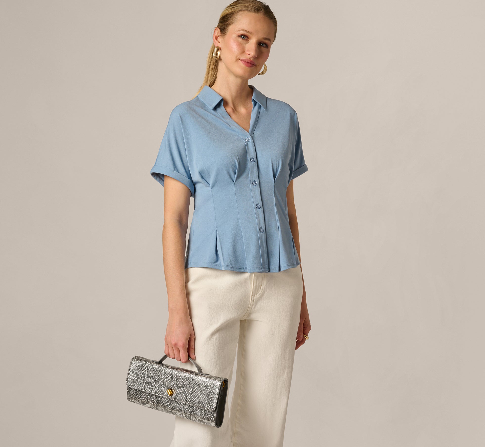 Short Sleeve Pleated Waist Blouse In Rain Washed Short Sleeve Pleated Waist Blouse In Rain Washed