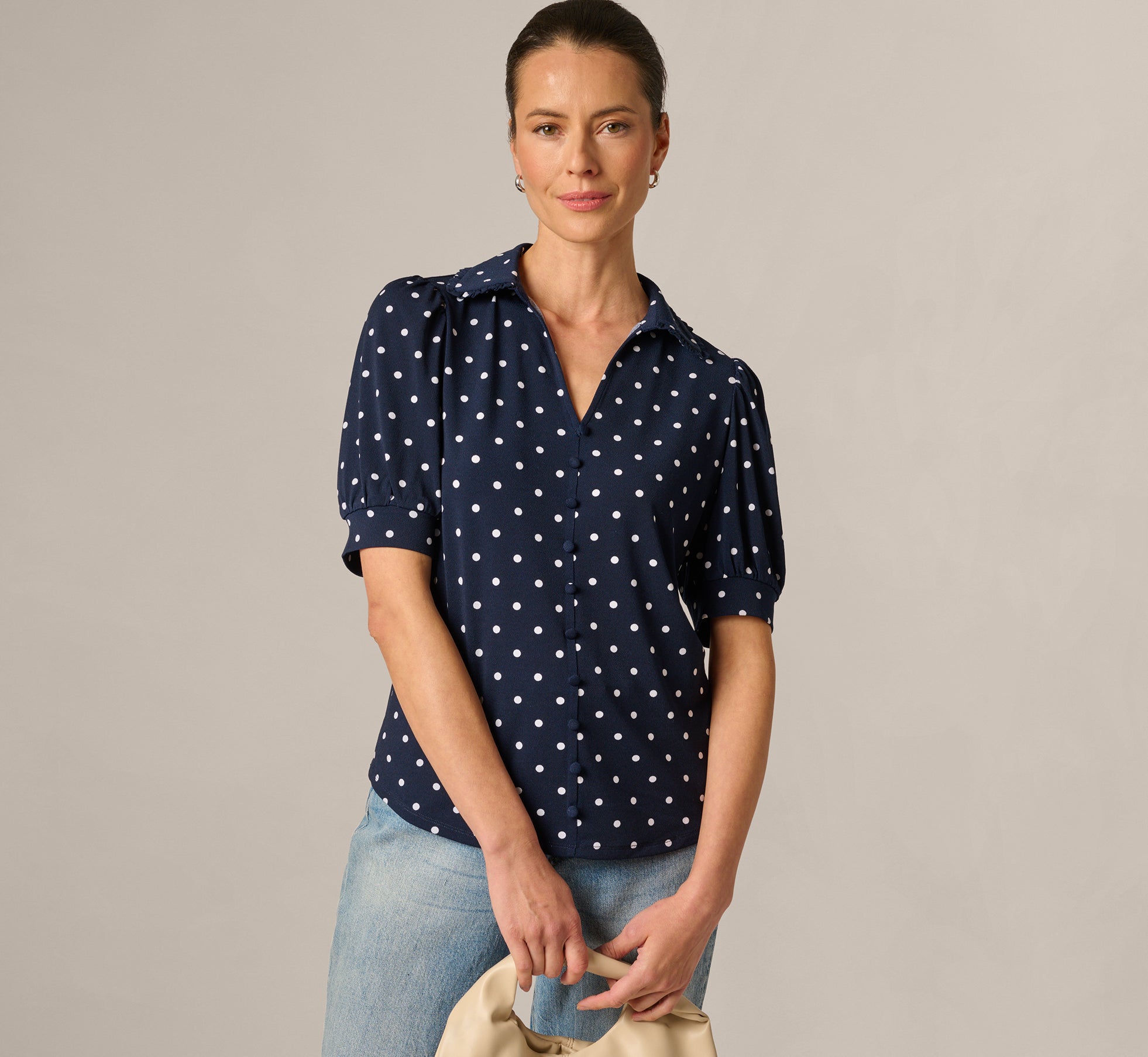 Navy Puff Sleeve Ruffle Collared Top - Adrianna Papell