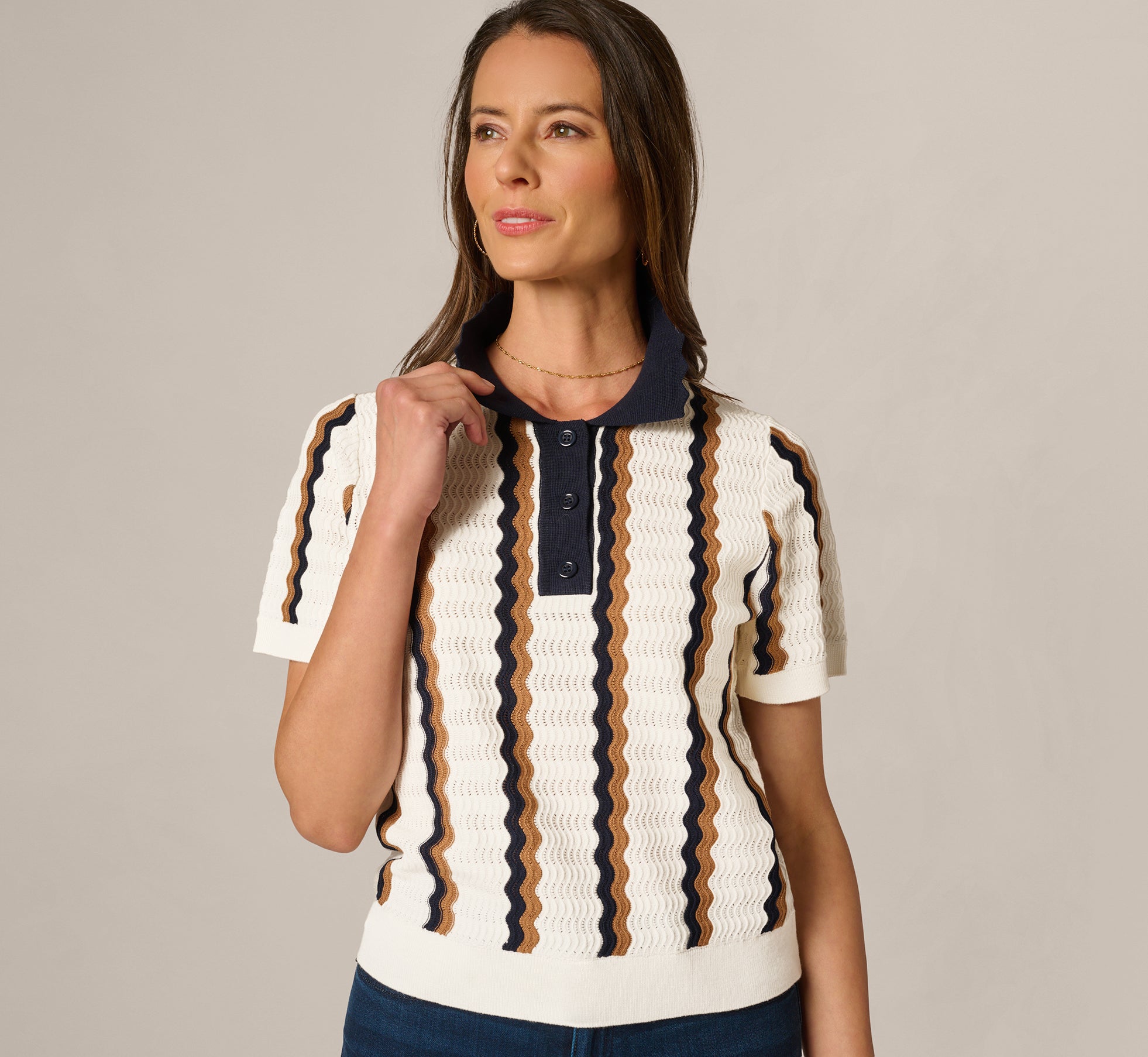 White Open Knit Pointelle Scalloped Polo Sweater - Adrianna Papell