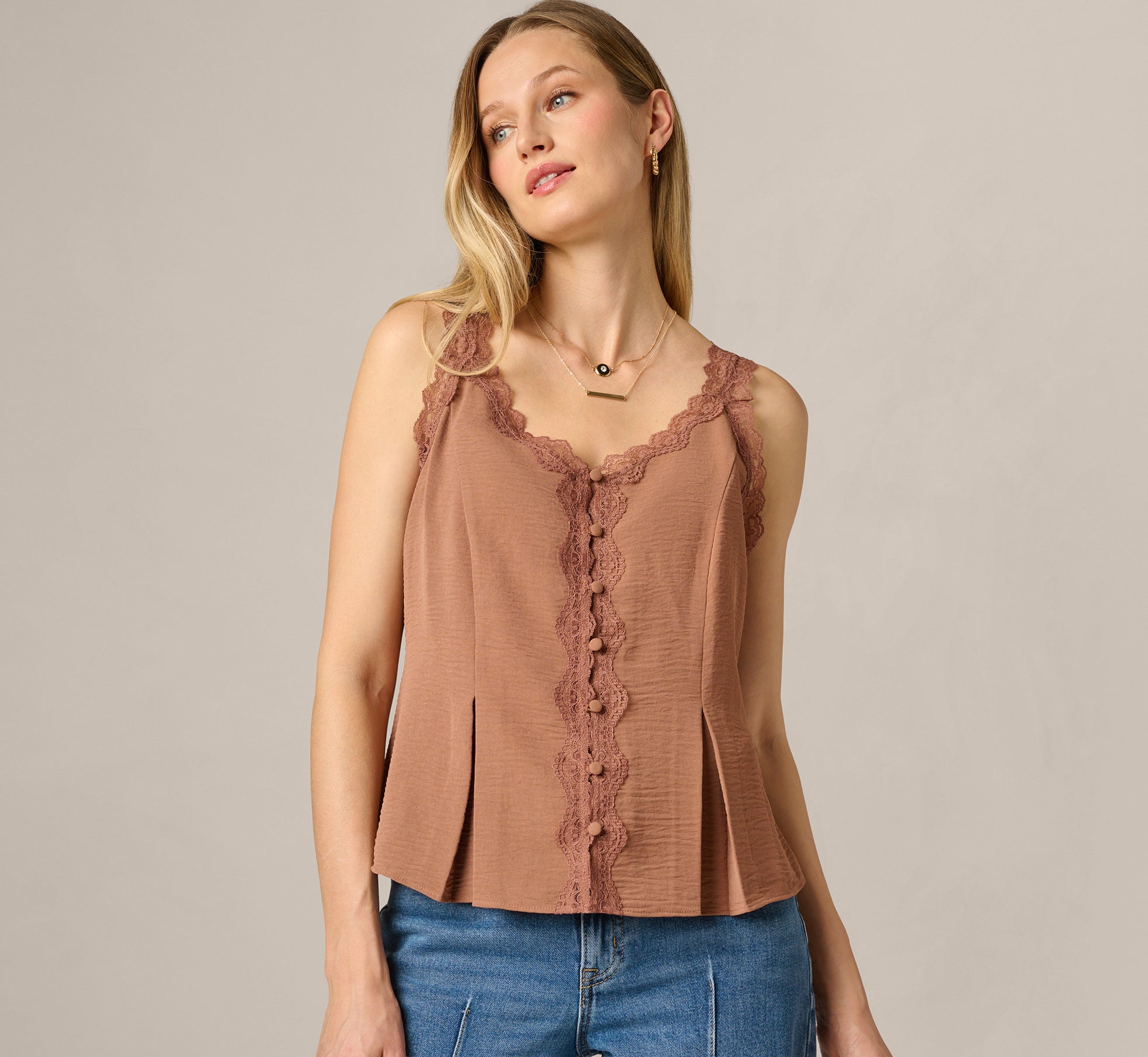 Brown Pleated Lace Trim Tank Top - Adrianna Papell