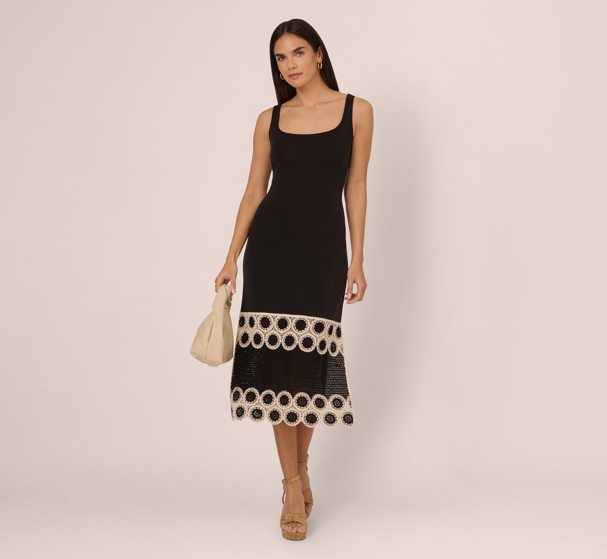 Black Ecru Crochet Trimmed Sheath Midi Dress With Tank Straps - Adrianna Papell Black Ecru Crochet Trimmed Sheath Midi Dress With Tank Straps - Adrianna Papell