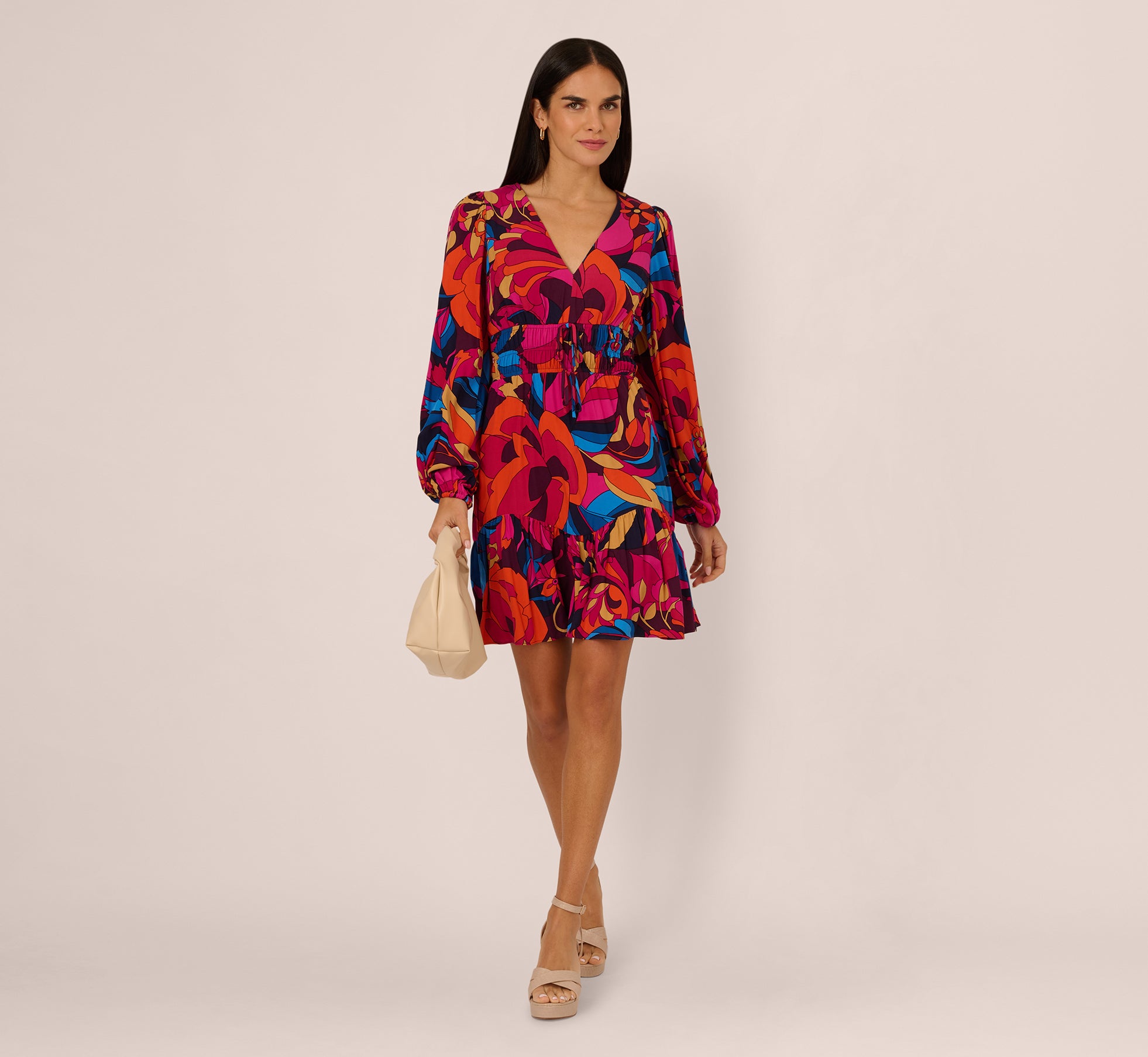 Retro Floral Print Shirred Dress With Long Bishop Sleeves In Berry Multi Retro Floral Print Shirred Dress With Long Bishop Sleeves In Berry Multi