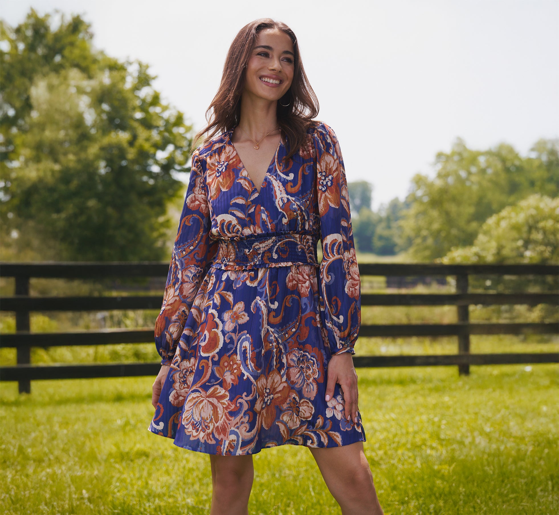 Long Sleeve Paisley Stripe Short Dress In Blue Multi Long Sleeve Paisley Stripe Short Dress In Blue Multi