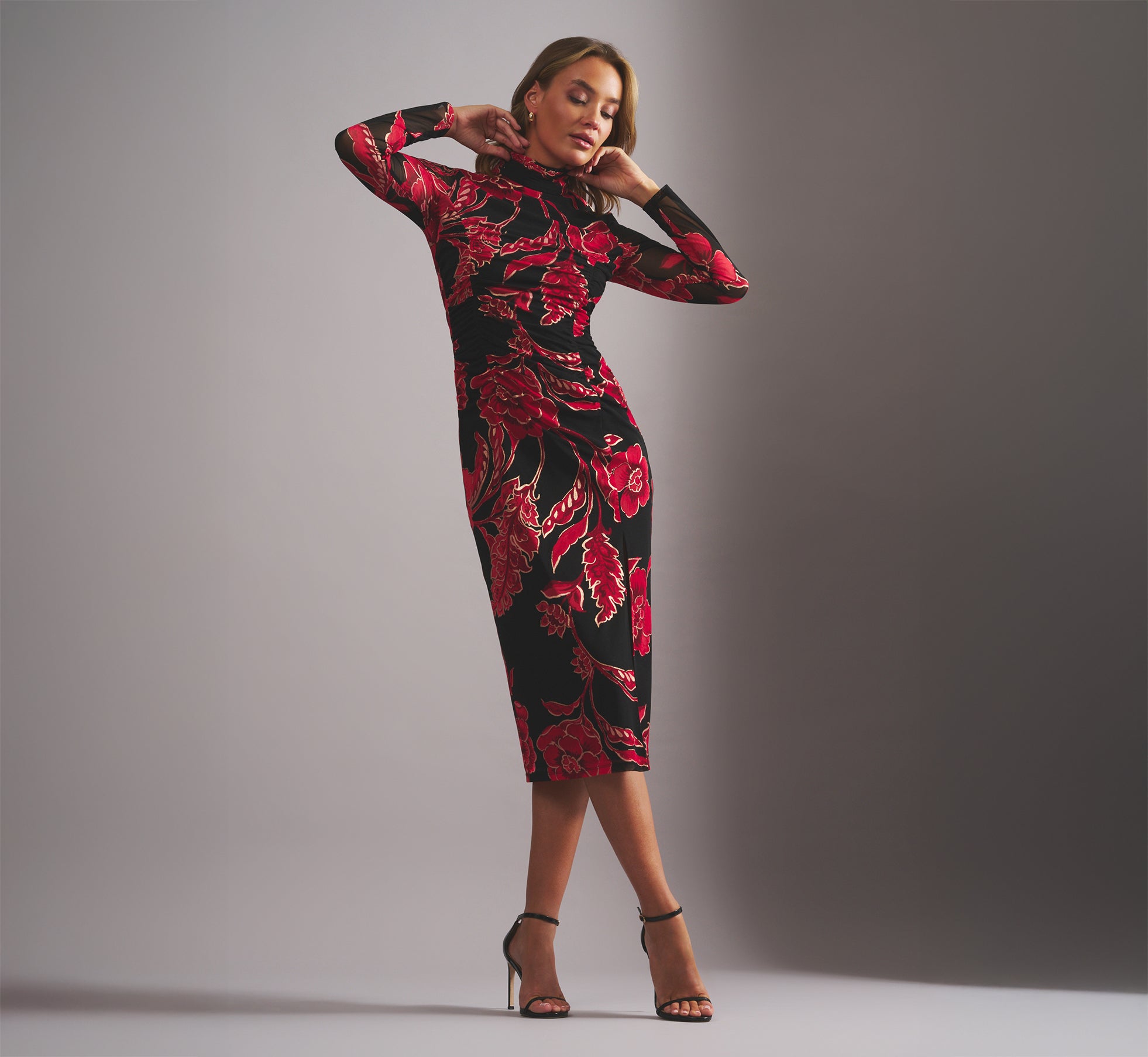 Printed Midi Long Sleeve Fitted Midi Dress Long Sleeve Floral Mesh Bodycon Midi Dress In Black Multi