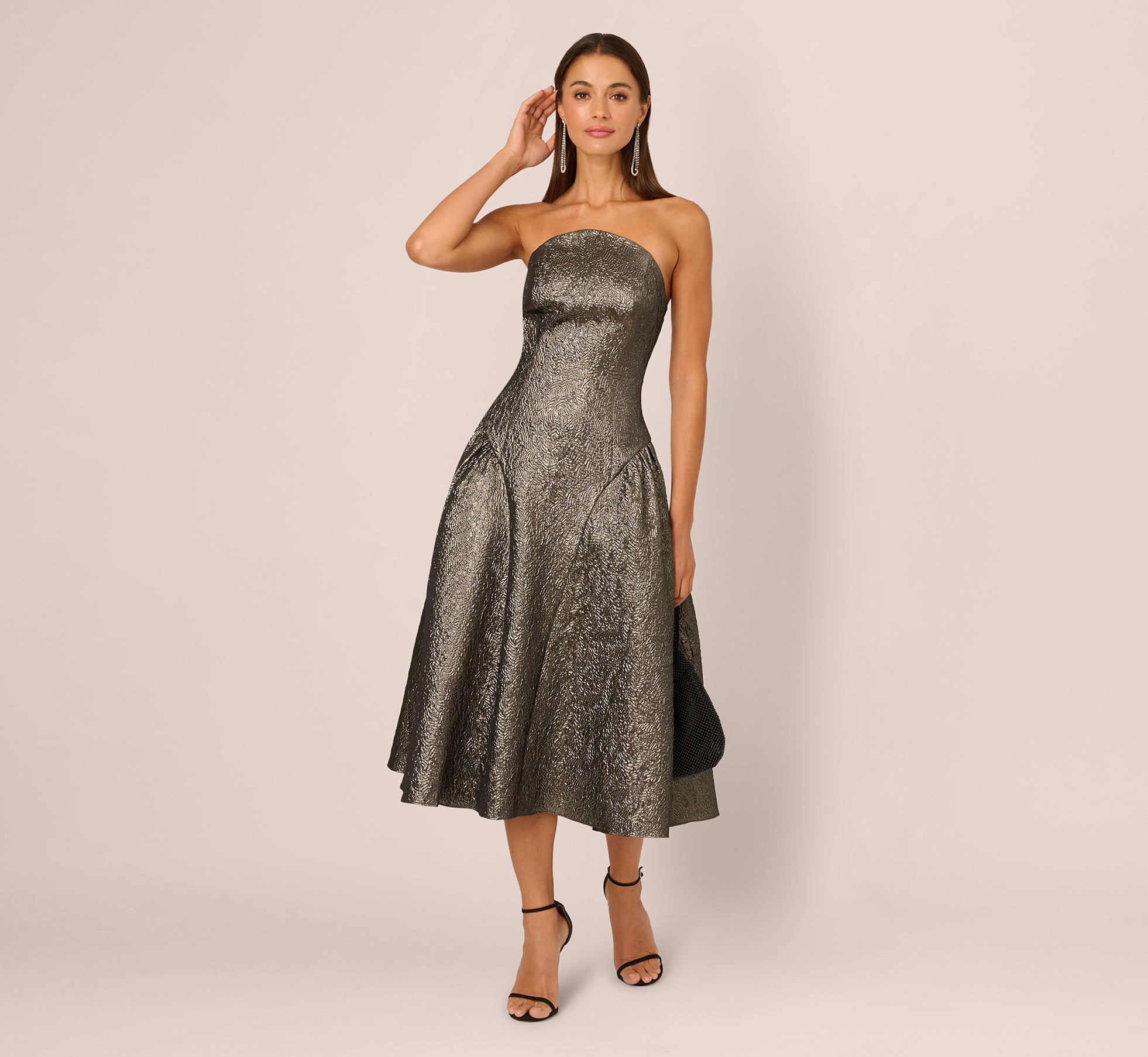 Black Strapless Drop Waist Metallic Midi Dress - Adrianna Papell Black Strapless Drop Waist Metallic Midi Dress - Adrianna Papell