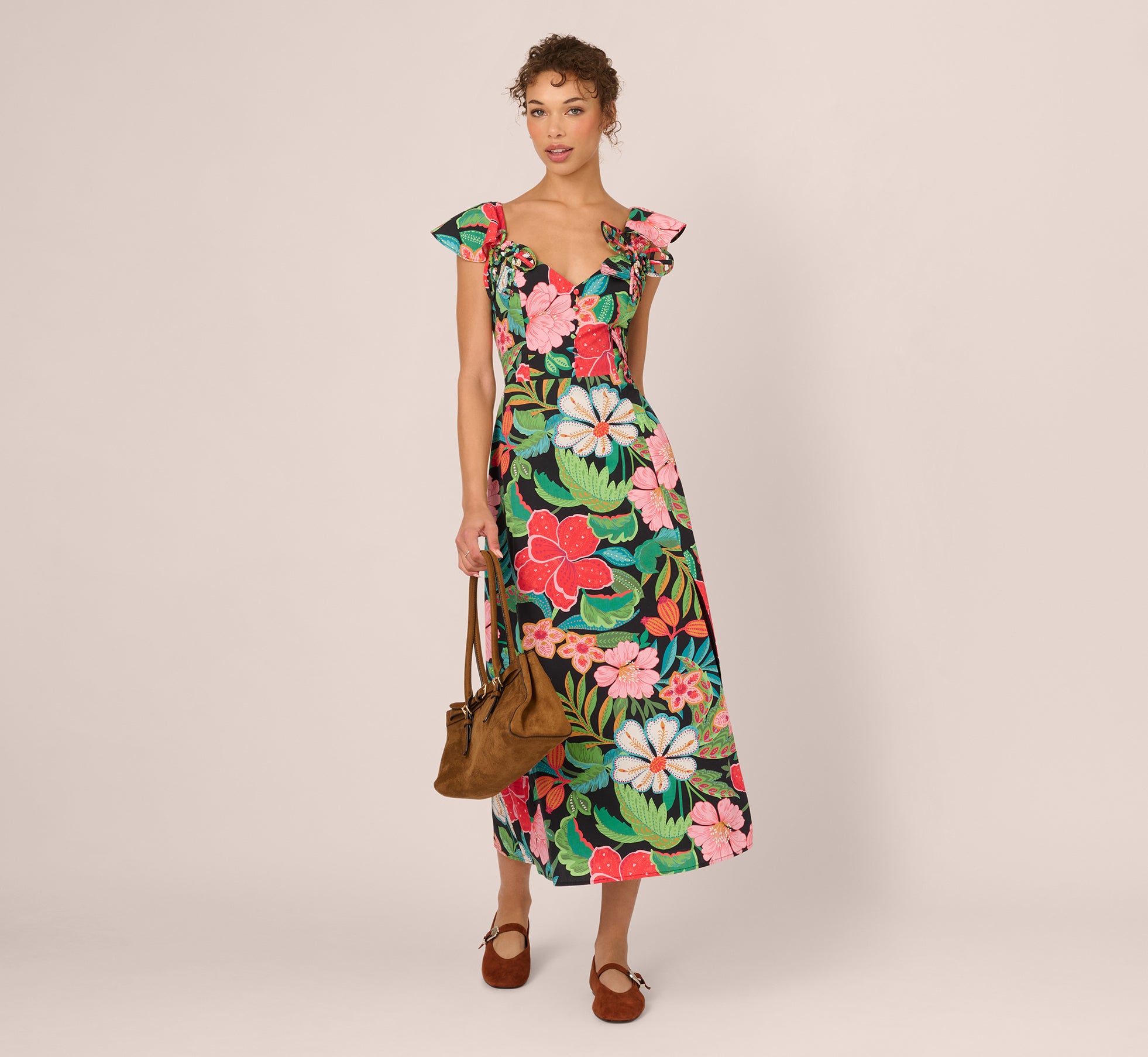 Adrianna Papell 3D Floral Print Midi Dress - Black Multi - 16 Adrianna Papell 3D Floral Print Midi Dress - Black Multi - 16