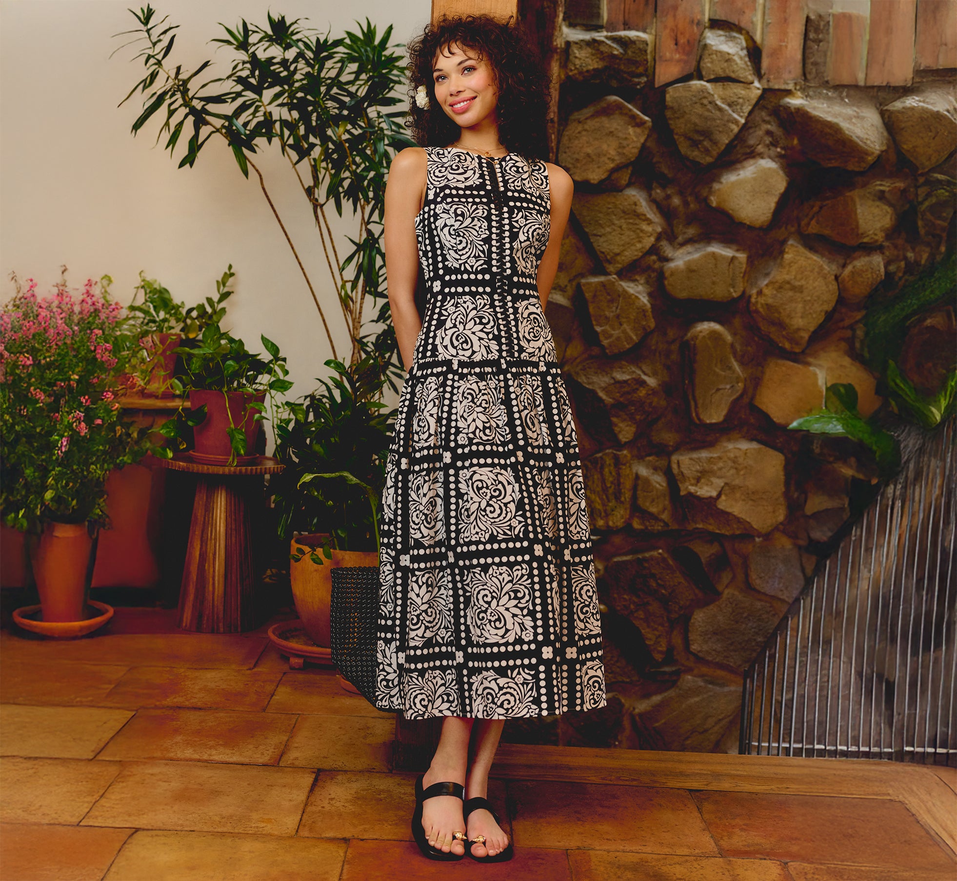 Drop Waist Cotton Tile Print Midi Sundress In Black Ivory - Adrianna Papell Drop Waist Cotton Tile Print Midi Sundress In Black Ivory - Adrianna Papell