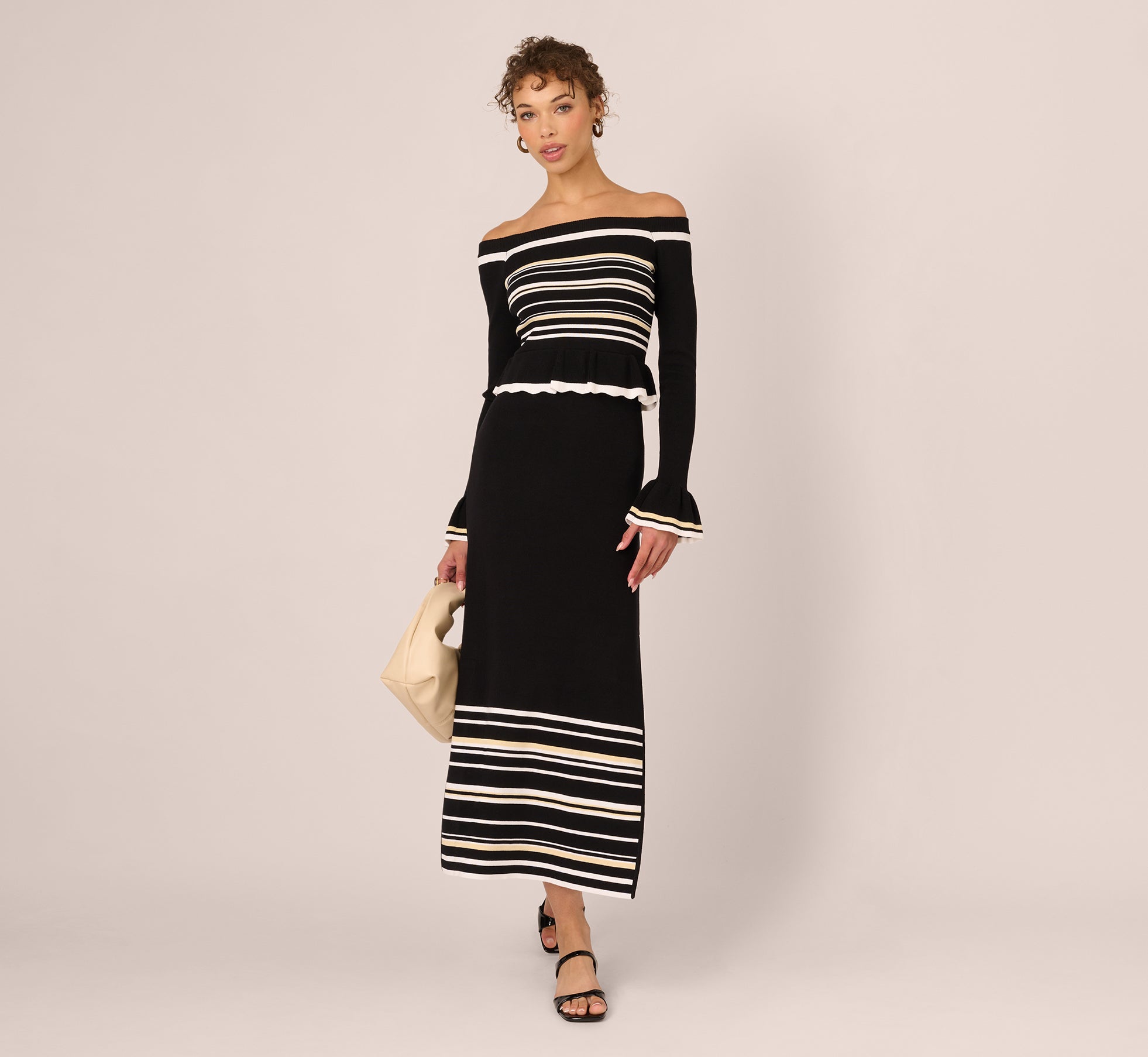 Black Off Shoulder Bell Sleeve Stretch Midi Dress - Adrianna Papell Black Off Shoulder Bell Sleeve Stretch Midi Dress - Adrianna Papell