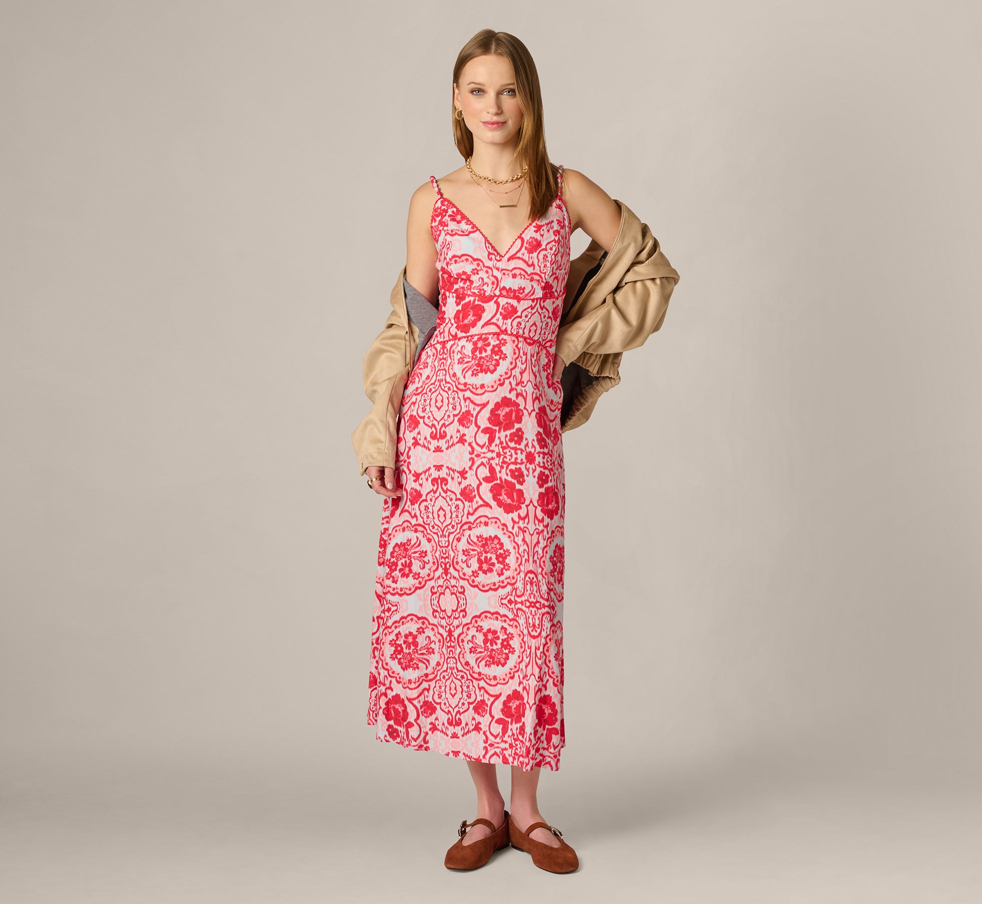 Crochet Trim Ikat Print Midi Sundress In Red Blue - Adrianna Papell