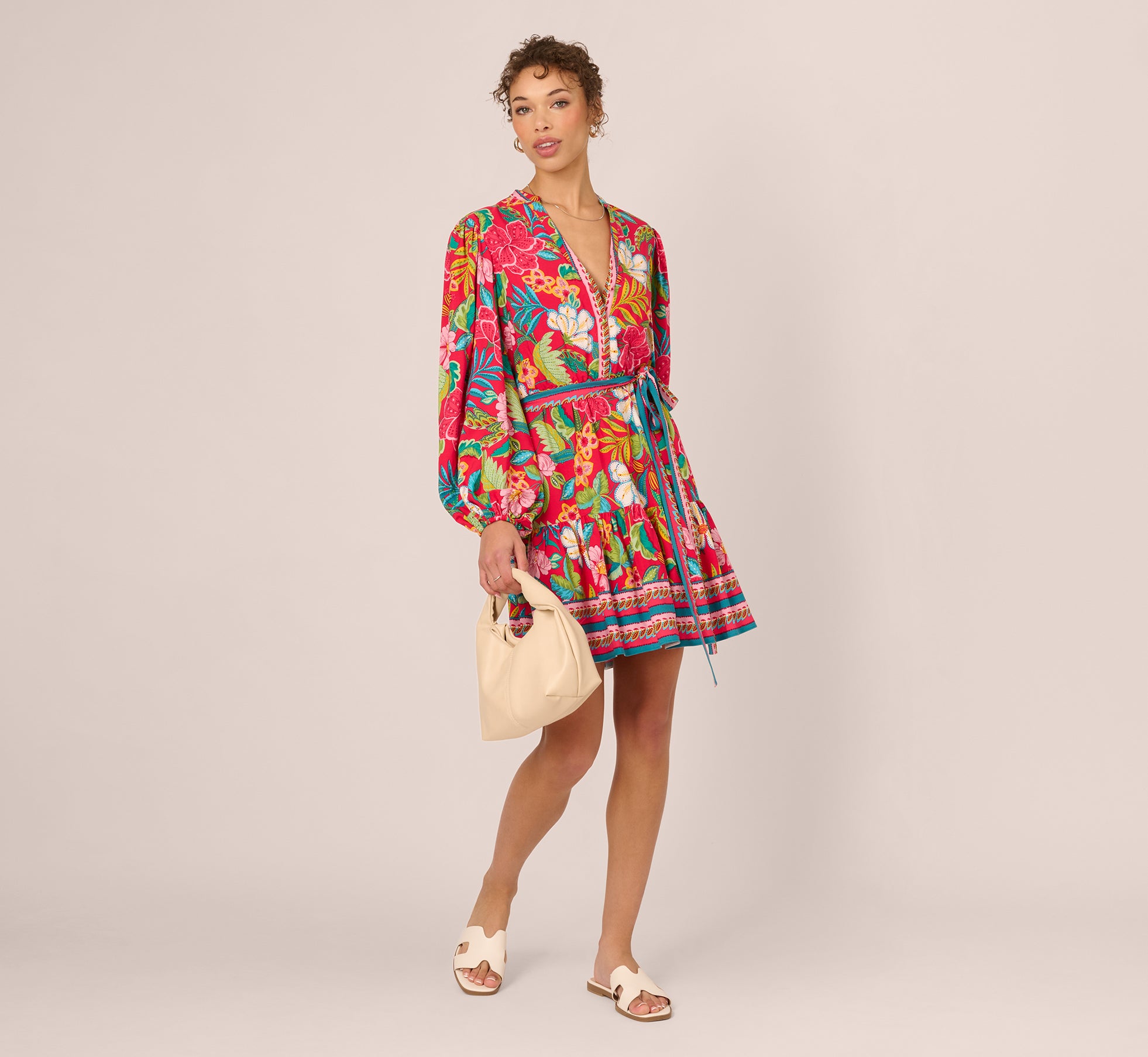 Red Multi Bishop Sleeve Tropical Floral Short Dress - Adrianna Papell