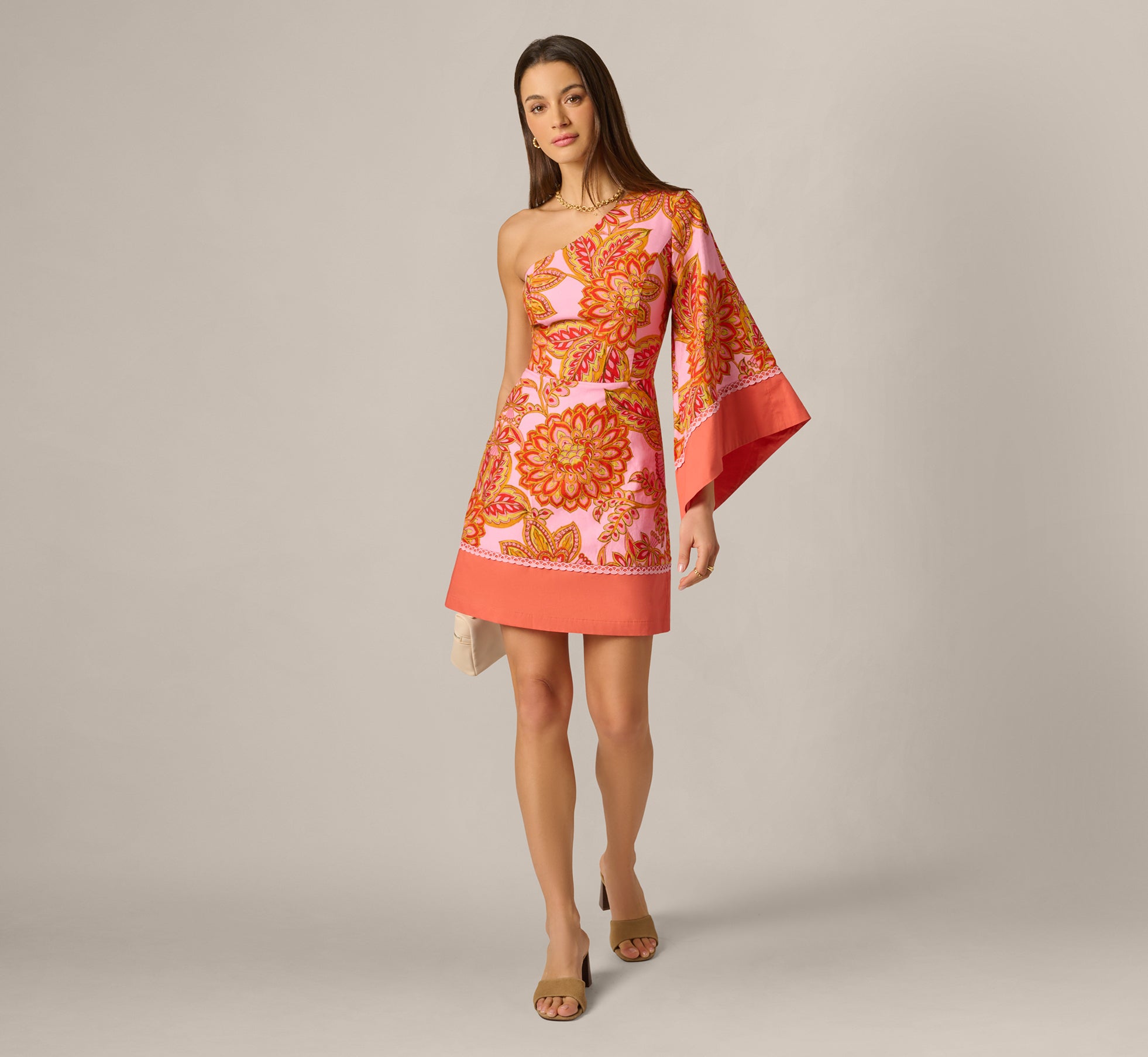 Multi Colored One Shoulder Bell Sleeve Paisley Short Dress - Adrianna Papell Multi Colored One Shoulder Bell Sleeve Paisley Short Dress - Adrianna Papell