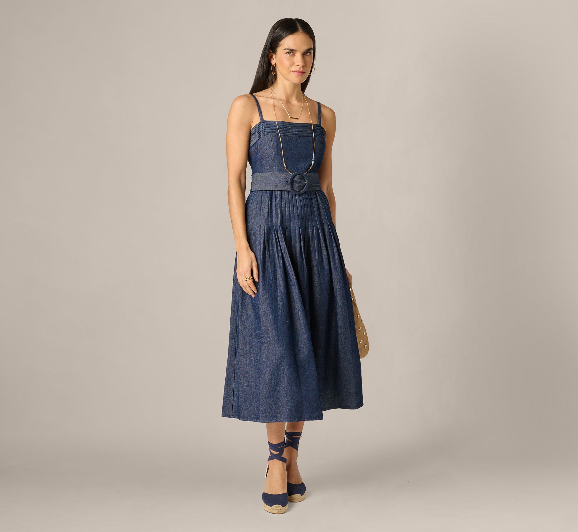 Cotton Denim Drop Waist Belted Midi Dress In Dark Denim - Adrianna Papell Cotton Denim Drop Waist Belted Midi Dress In Dark Denim - Adrianna Papell