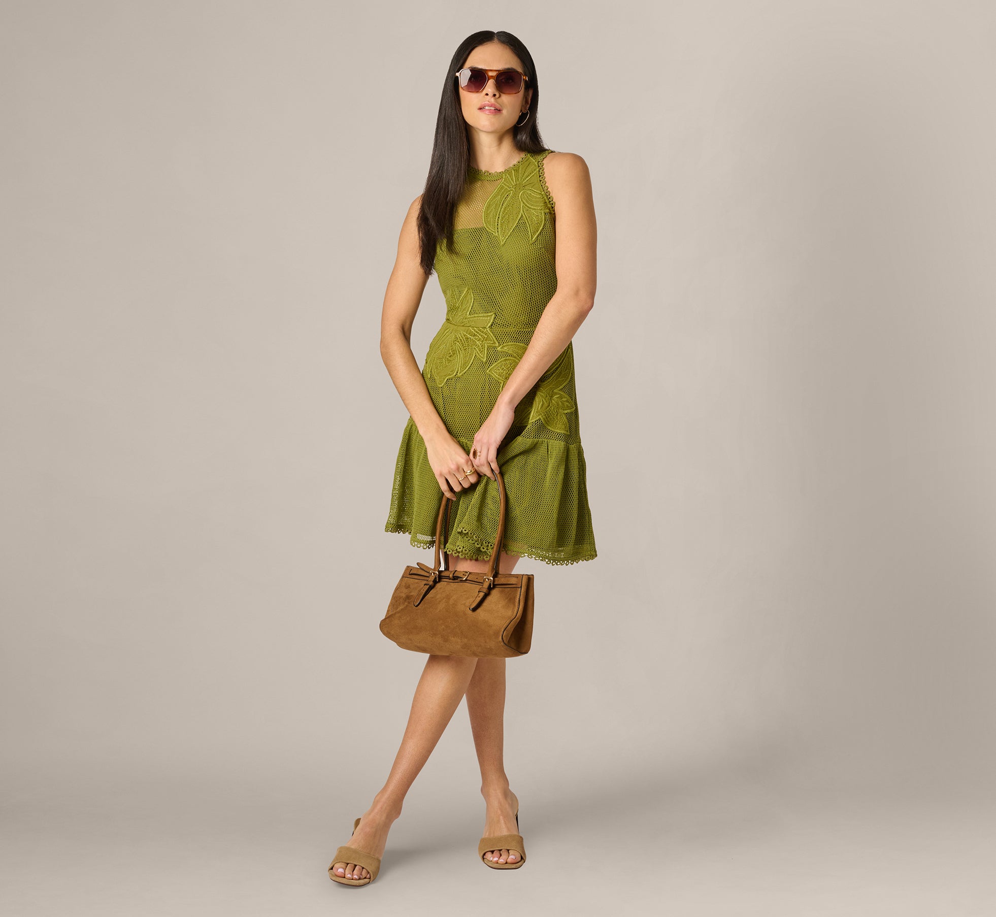 Green Cotton Mesh Floral Short Dress - Adrianna Papell Green Cotton Mesh Floral Short Dress - Adrianna Papell