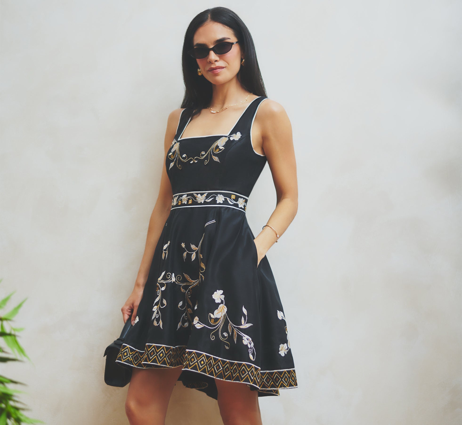 Floral Embroidered Cotton Short Dress In Black Multi, Black Multi / Regular / 6 Floral Embroidered Cotton Short Dress In Black Multi, Black Multi / Regular / 6