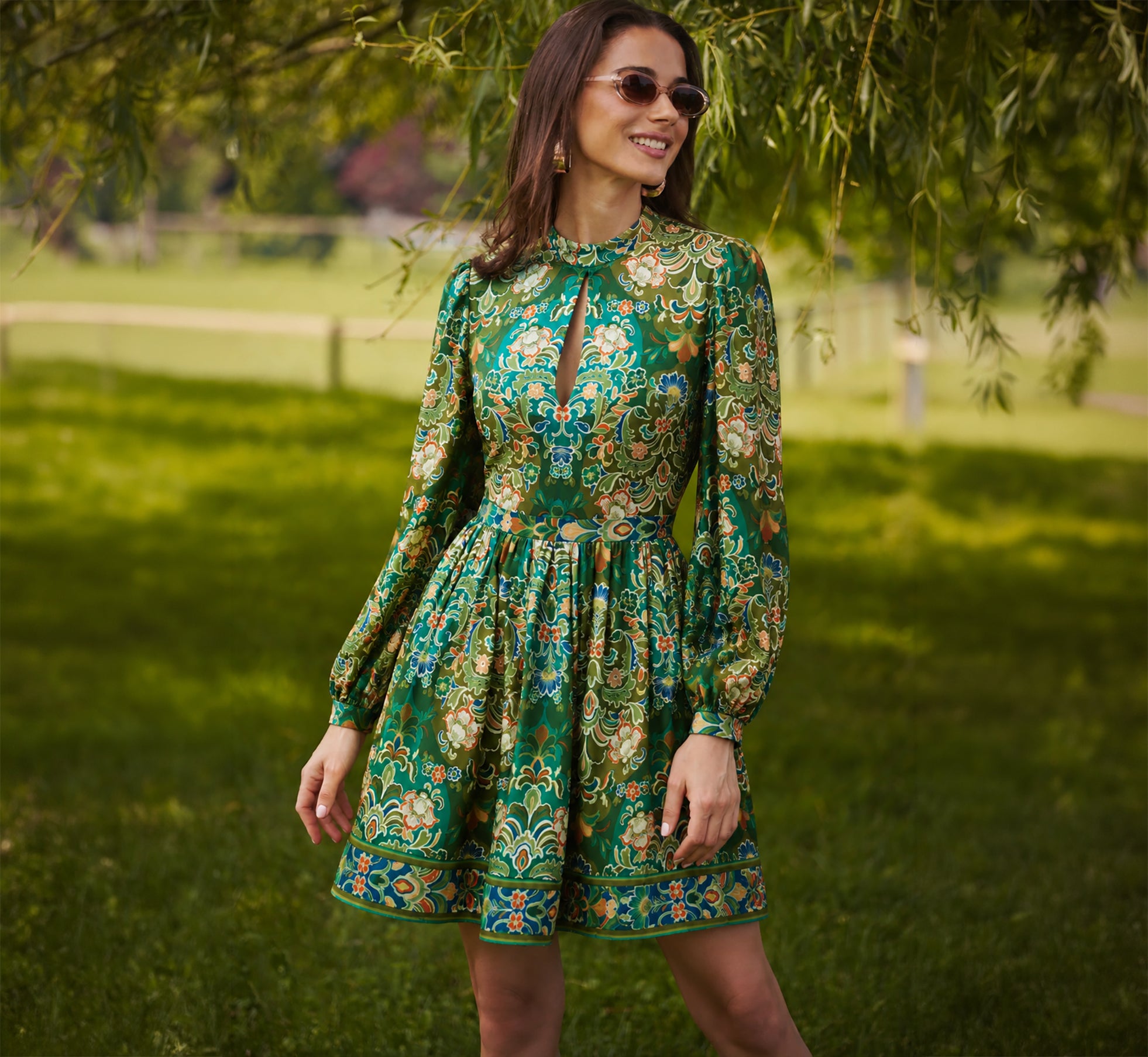 Adrianna Papell Print Mock Neck Long Sleeve Minidress In Olive Multi at Nordstrom, Size 12