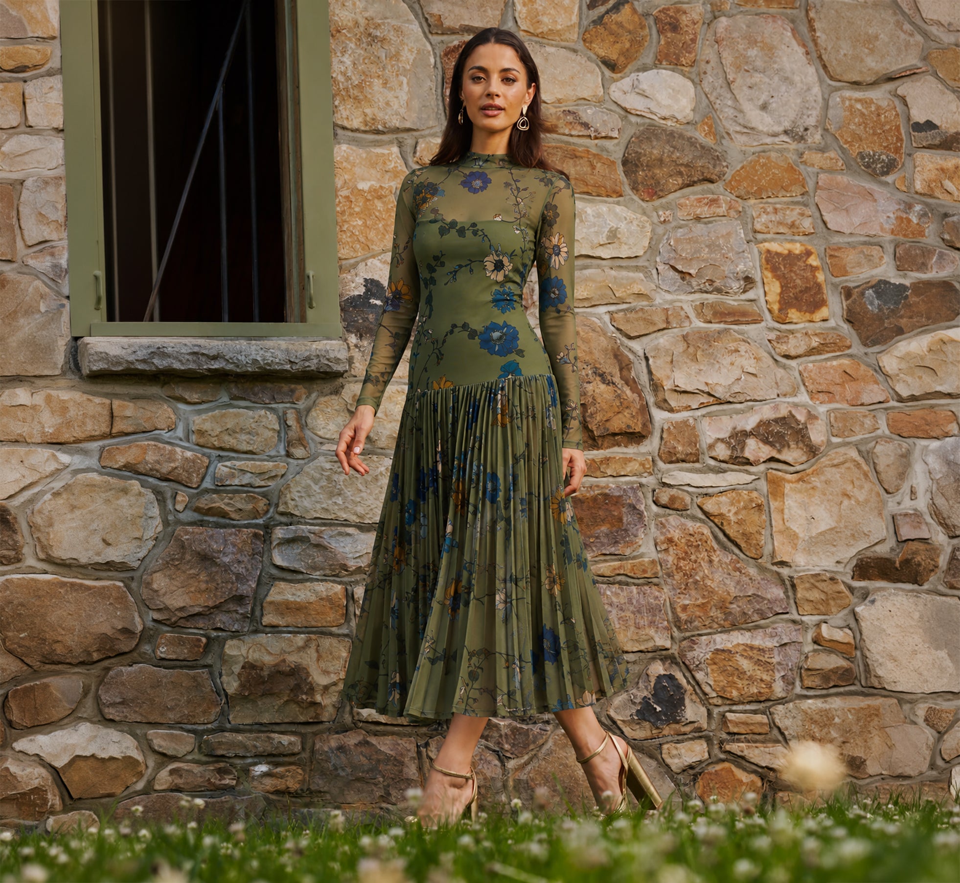 Long Sleeve Floral Stretch Mesh Drop Waist Ankle Length Dress In Olive Multi, Olive Multi / Regular / 18