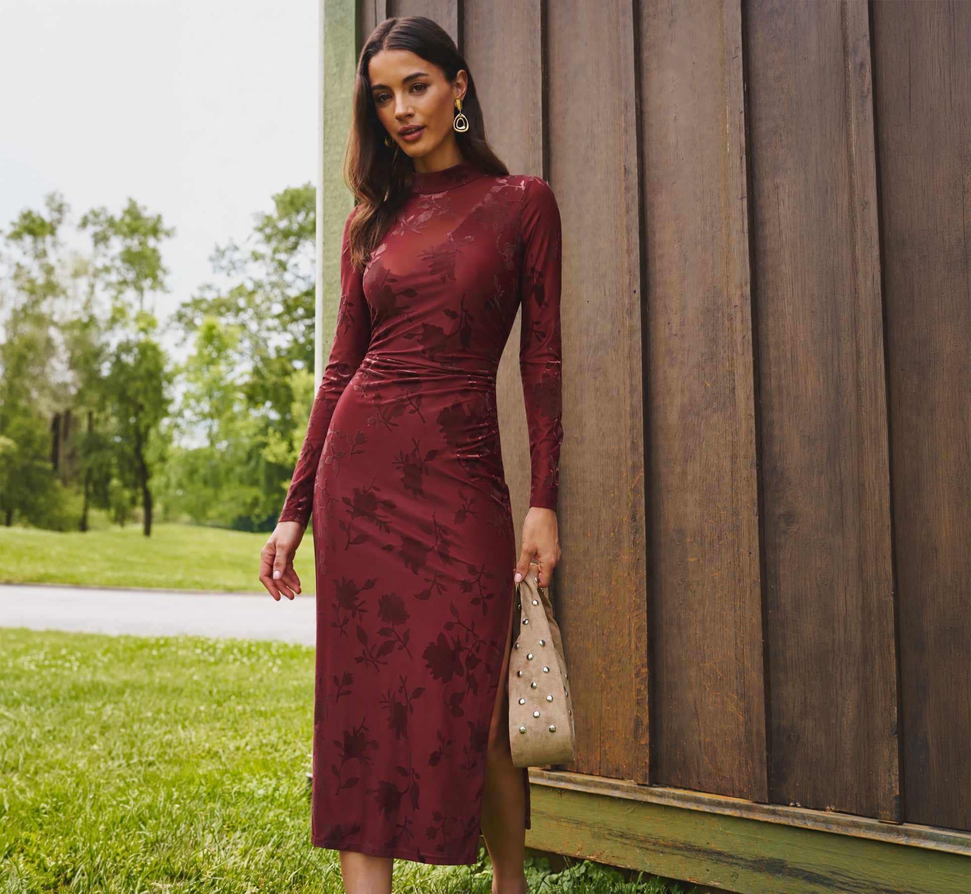 Long Sleeve Stretch Burnout Velvet Ankle Length Dress In Auburn, Auburn / Regular / 4