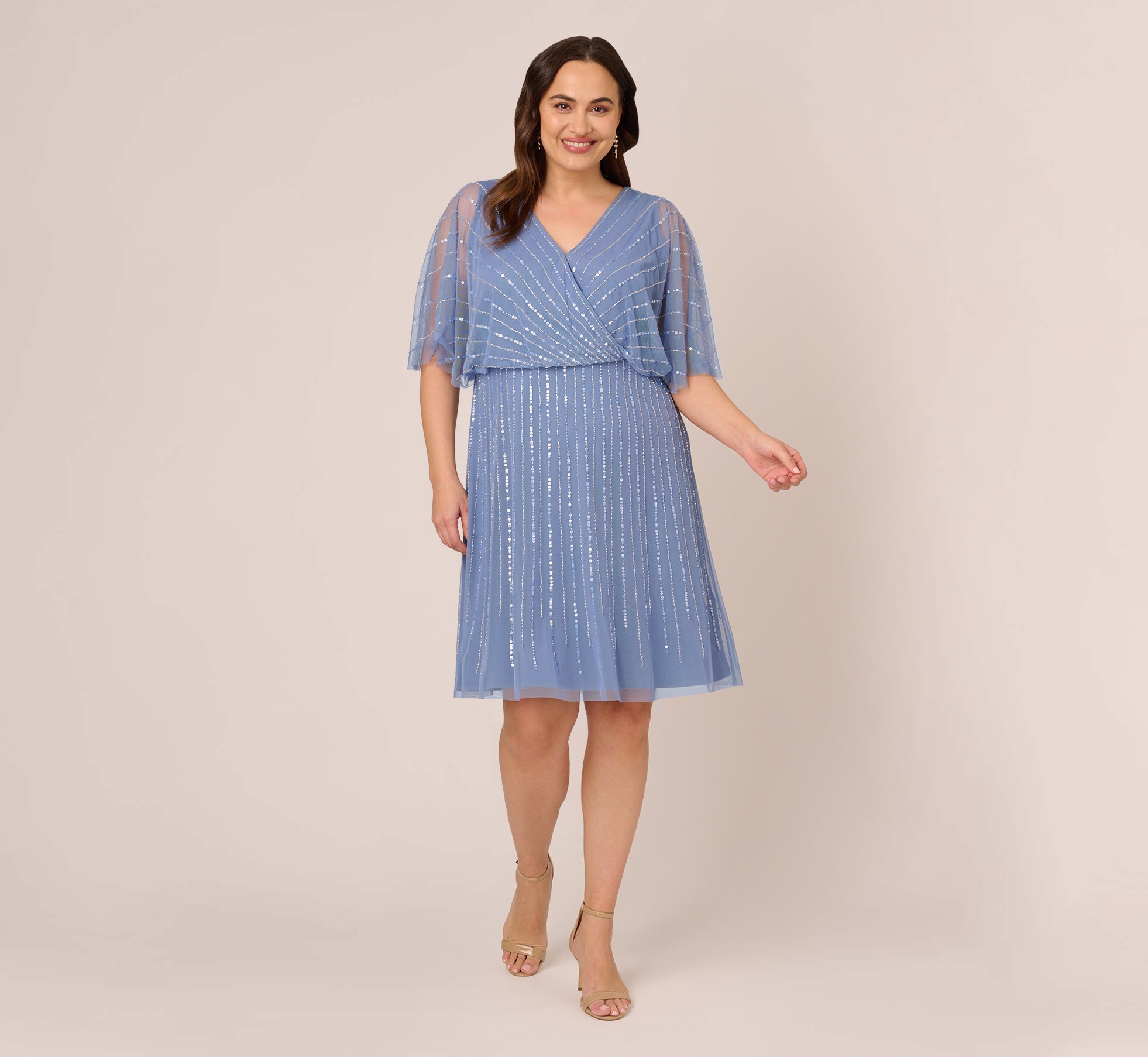 Adrianna Papell Plus Size Surplice-Neck Beaded Short Dress - French Blue