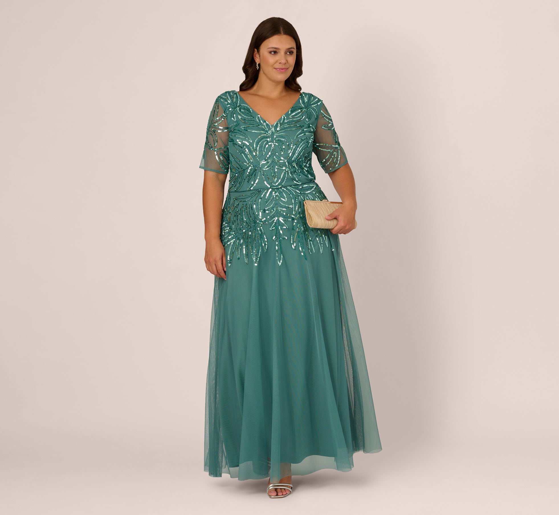 Plus Size Beaded Mesh Long Dress In Green Slate Plus Size Beaded Mesh Long Dress In Green Slate