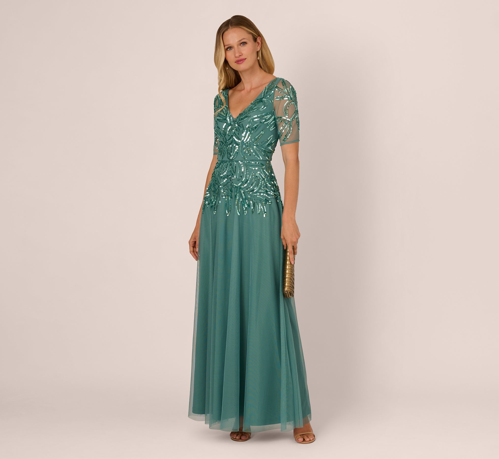 Beaded Mesh Long Dress In Green Slate Beaded Mesh Long Dress In Green Slate