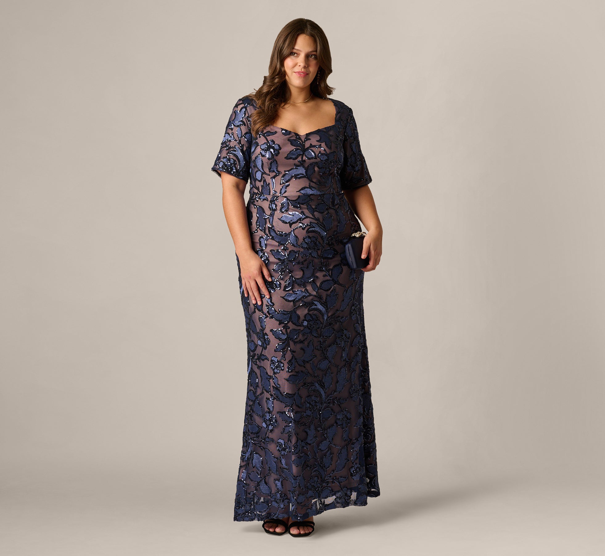 Navy Rosegol Plus Size Short Sleeve Floral Sequin Stretch Mesh Gown - Adrianna Papell Navy Rosegol Plus Size Short Sleeve Floral Sequin Stretch Mesh Gown - Adrianna Papell
