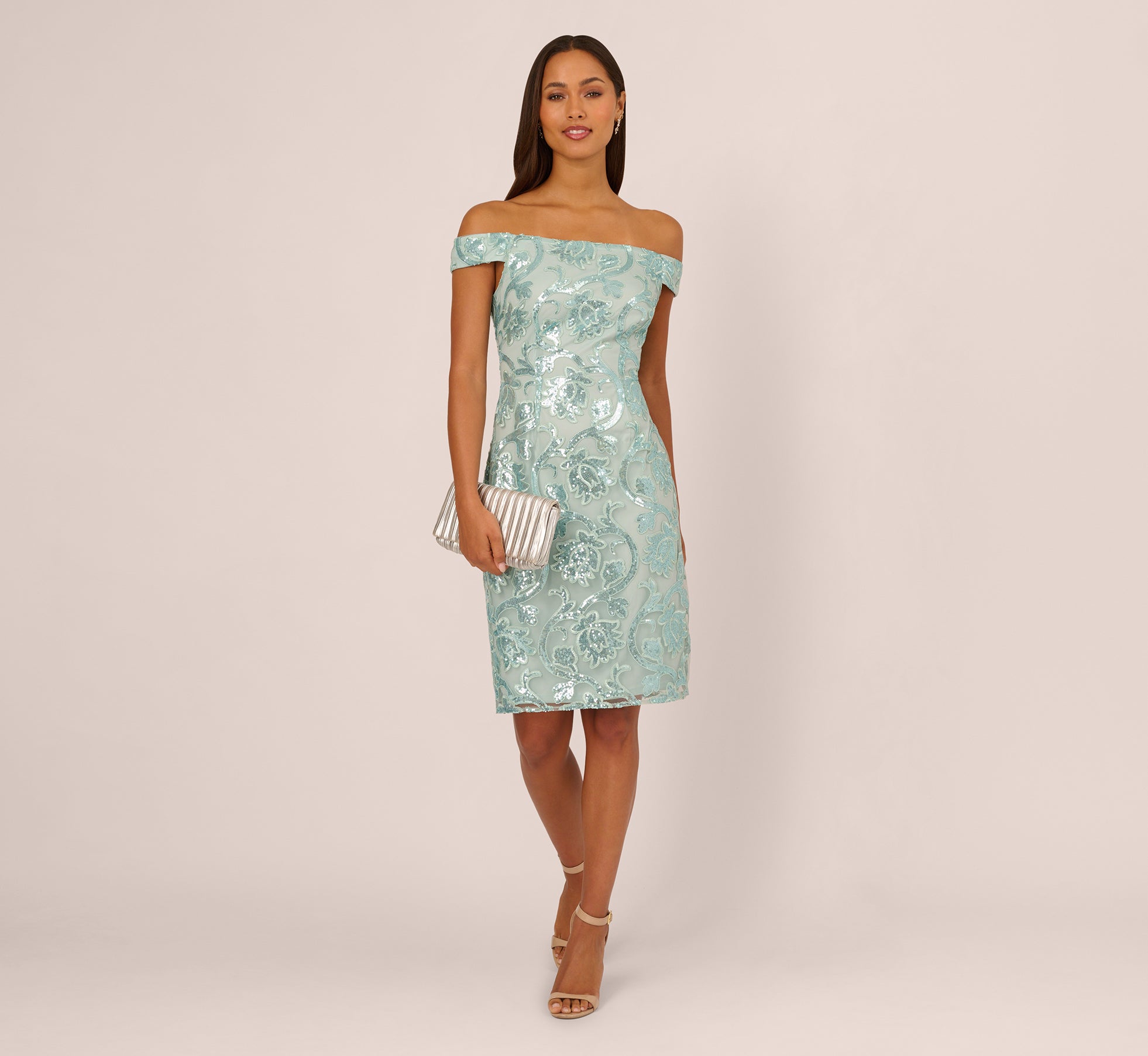 Adrianna Papell Women's Off-The-Shoulder Sequin Sheath Dress - Aqua Dust - Size 18 Adrianna Papell Women's Off-The-Shoulder Sequin Sheath Dress - Aqua Dust - Size 18