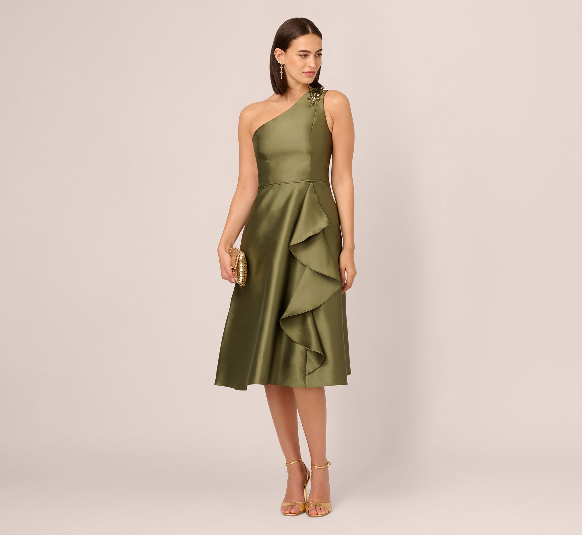 One Shoulder Beaded Detail Mikado Midi Dress In Jungle Olive One Shoulder Beaded Detail Mikado Midi Dress In Jungle Olive