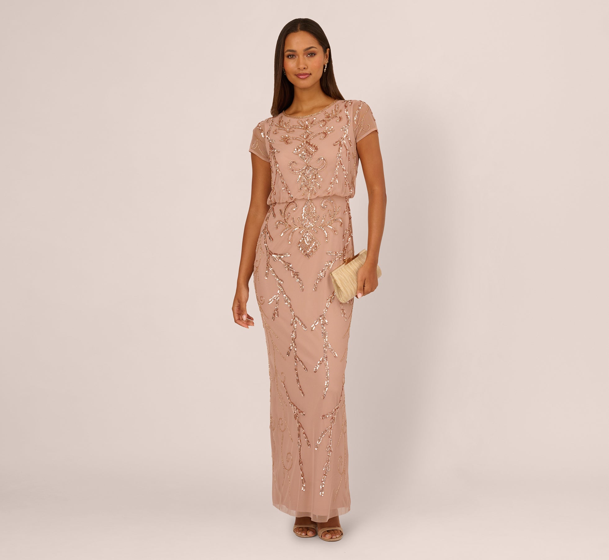 Adrianna Papell Bead Blouson Long Dress - Rose Gold - Size 6 Adrianna Papell Bead Blouson Long Dress - Rose Gold - Size 6