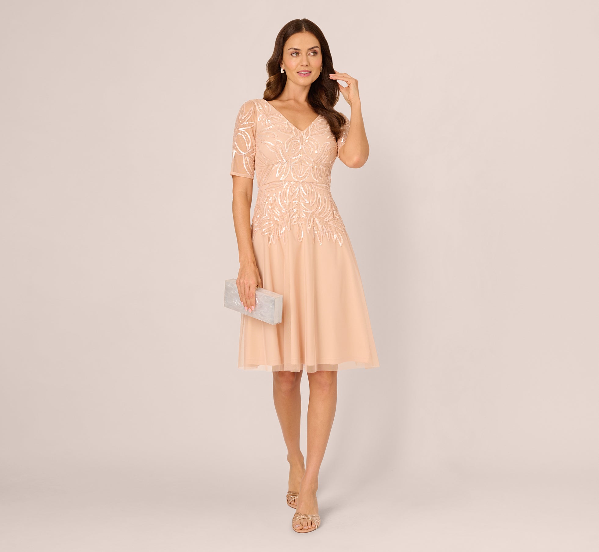 Adrianna Papell Women's Beaded V-Neck Midi Dress - Blush - Size 12 Adrianna Papell Women's Beaded V-Neck Midi Dress - Blush - Size 12