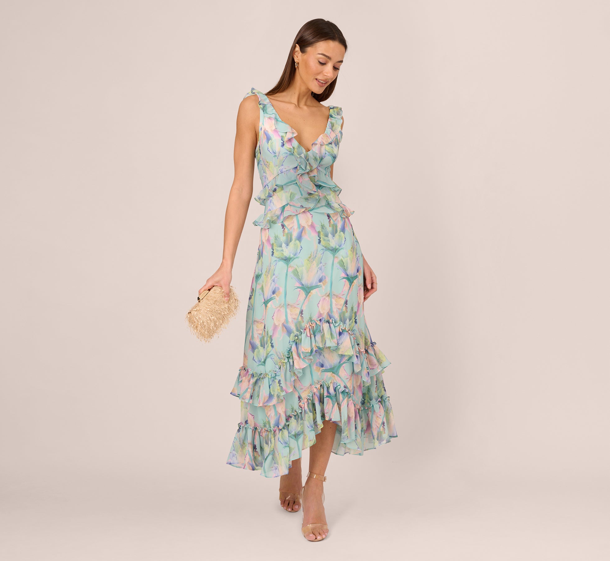 Sleeveless Floral Print High Low Maxi Dress With Ruffle Trim In Mint Multi Sleeveless Floral Print High Low Maxi Dress With Ruffle Trim In Mint Multi