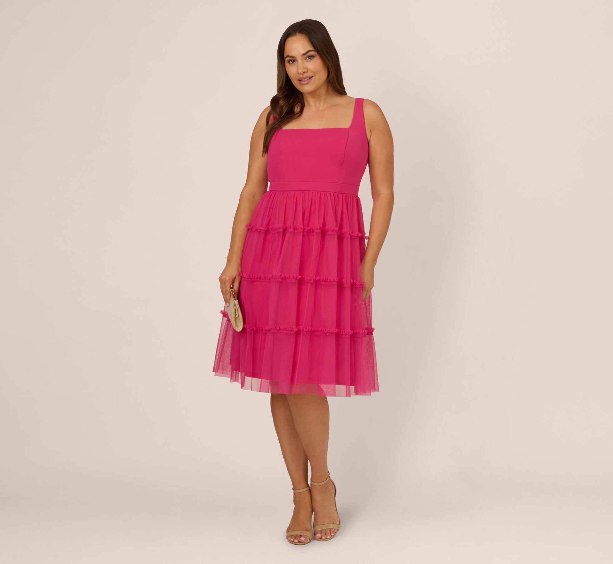 Plus Size Sleeveless Midi Dress With Square Neck And Tiered Skirt In Bright Rose Plus Size Sleeveless Midi Dress With Square Neck And Tiered Skirt In Bright Rose