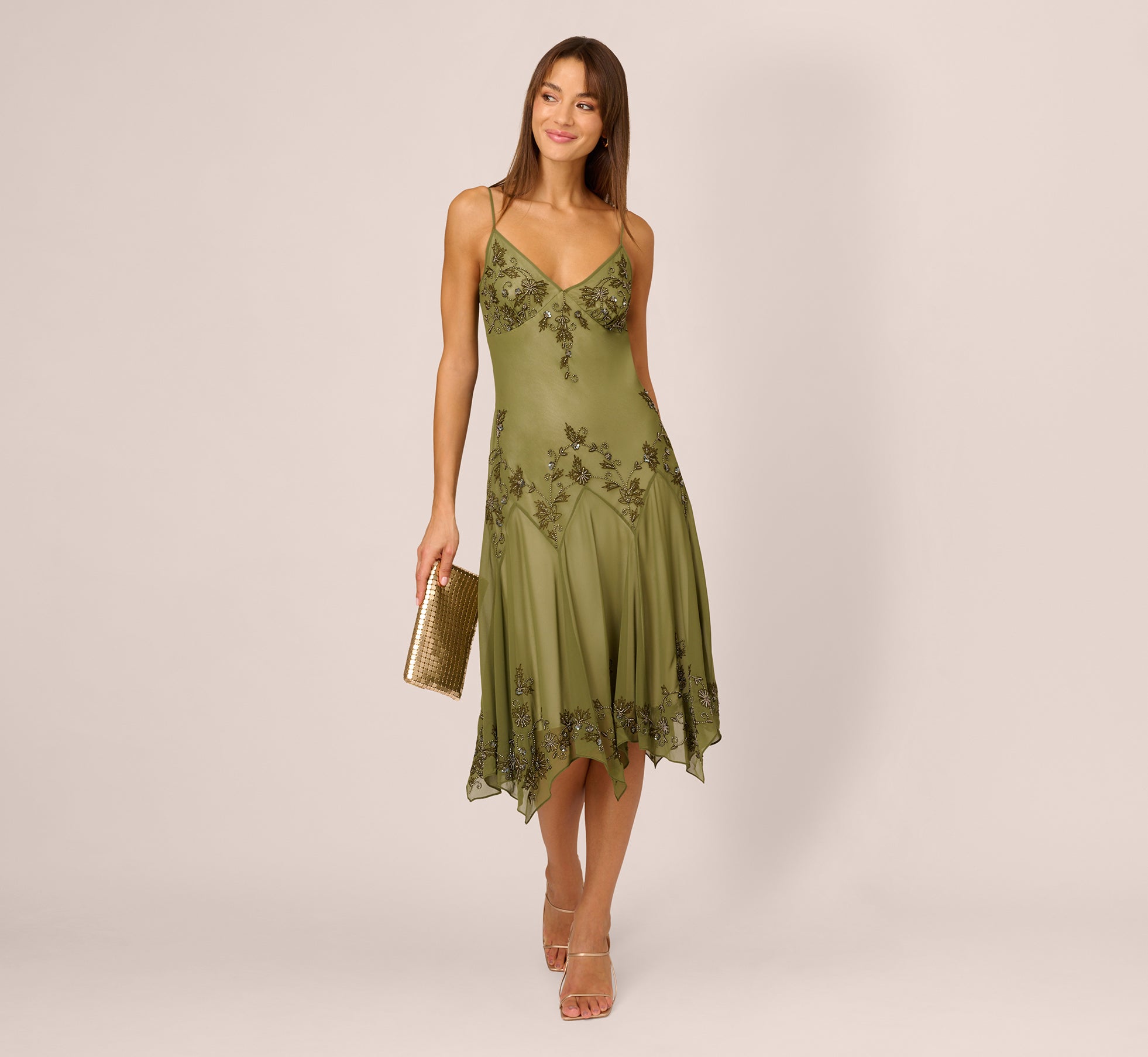 Dark Green Vintage Beaded Midi Fairy Dress With Sharkbite Hem - Adrianna Papell Dark Green Vintage Beaded Midi Fairy Dress With Sharkbite Hem - Adrianna Papell